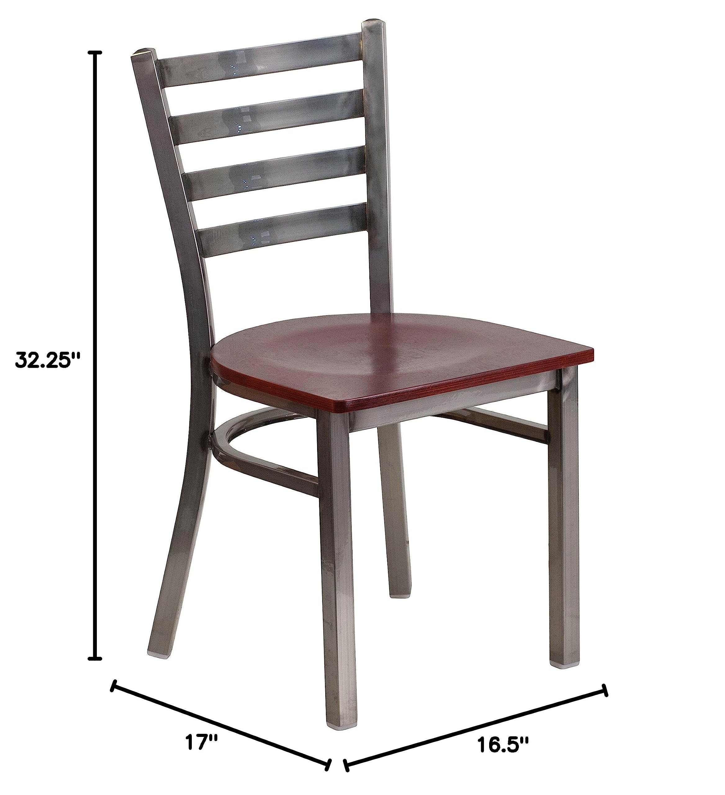 EMMA + OLIVER Clear Coated Ladder Back Metal Dining Chair with Mahogany Wood Seat - Modern Kitchen & Dining Room Furniture for Home, Restaurant, Cafe & Office Use