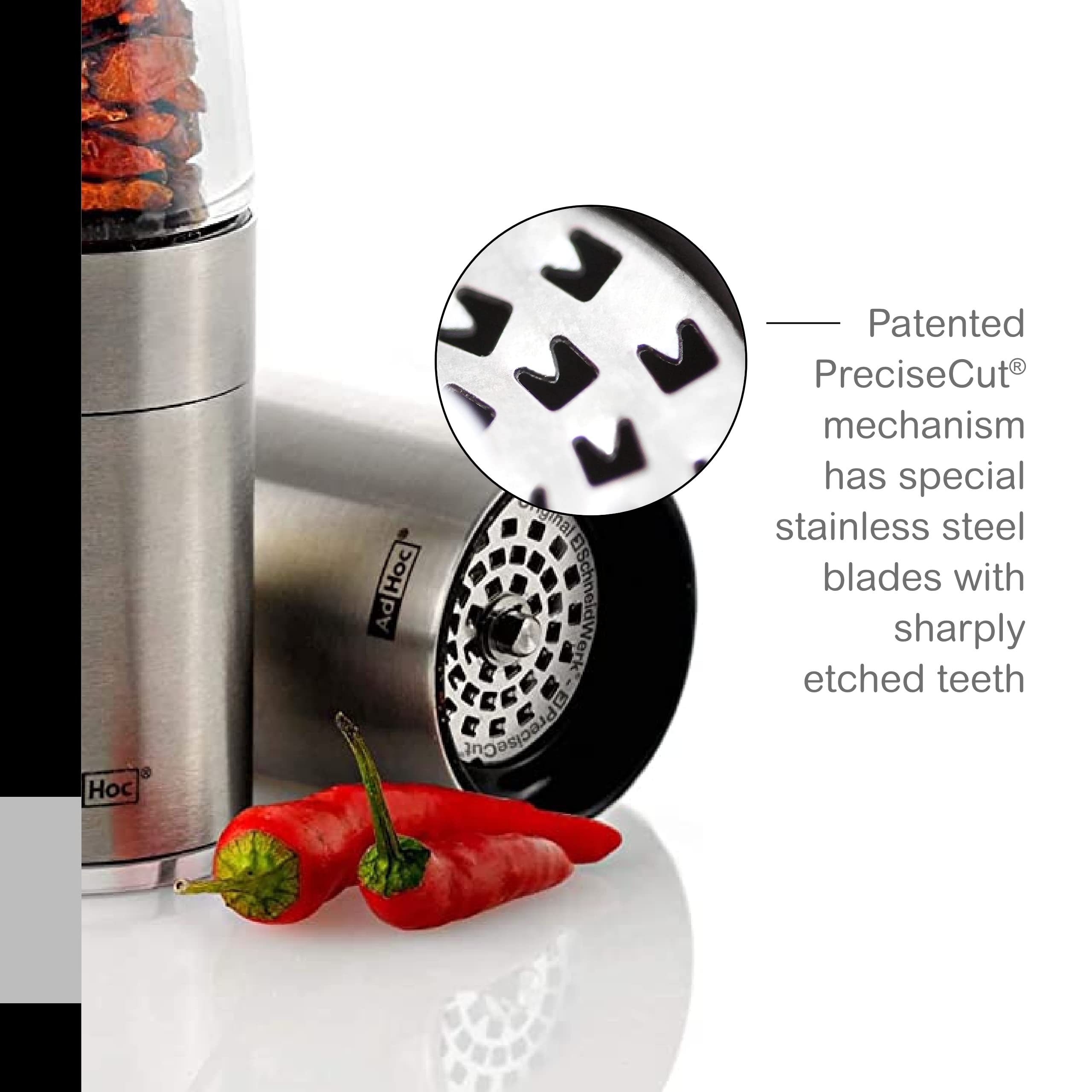 AdHoc Pepe Chili Cutter and Spice Grinder - Stainless Steel & Acrylic Manual Mill for Dried Chili, Herbs & Spices - Easy Clean with Stainless Steel Blades - Perfect for Cooking, Baking & Seasoning Dishes