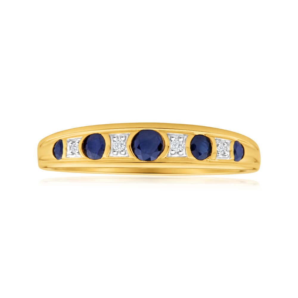 9ct Yellow Gold 5 Natural Sapphire and Diamond Ring for Women - Elegant Birthstone Jewelry Gift for Anniversary, Engagement or Special Occasions