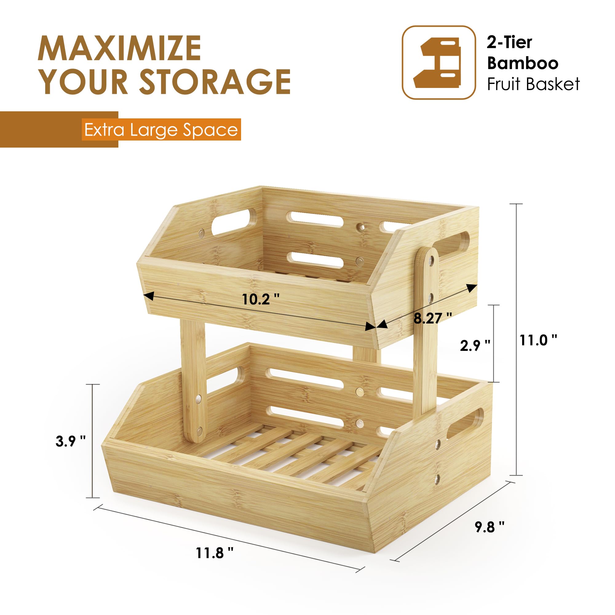 2-Tier Bamboo Fruit Basket - Kitchen Countertop Organizer for Fruits, Onions, Potatoes, Bread & Snacks | Eco-Friendly Storage Solution for Fresh Produce & Pantry Items | Perfect for Home, Office & Dining Room Decor