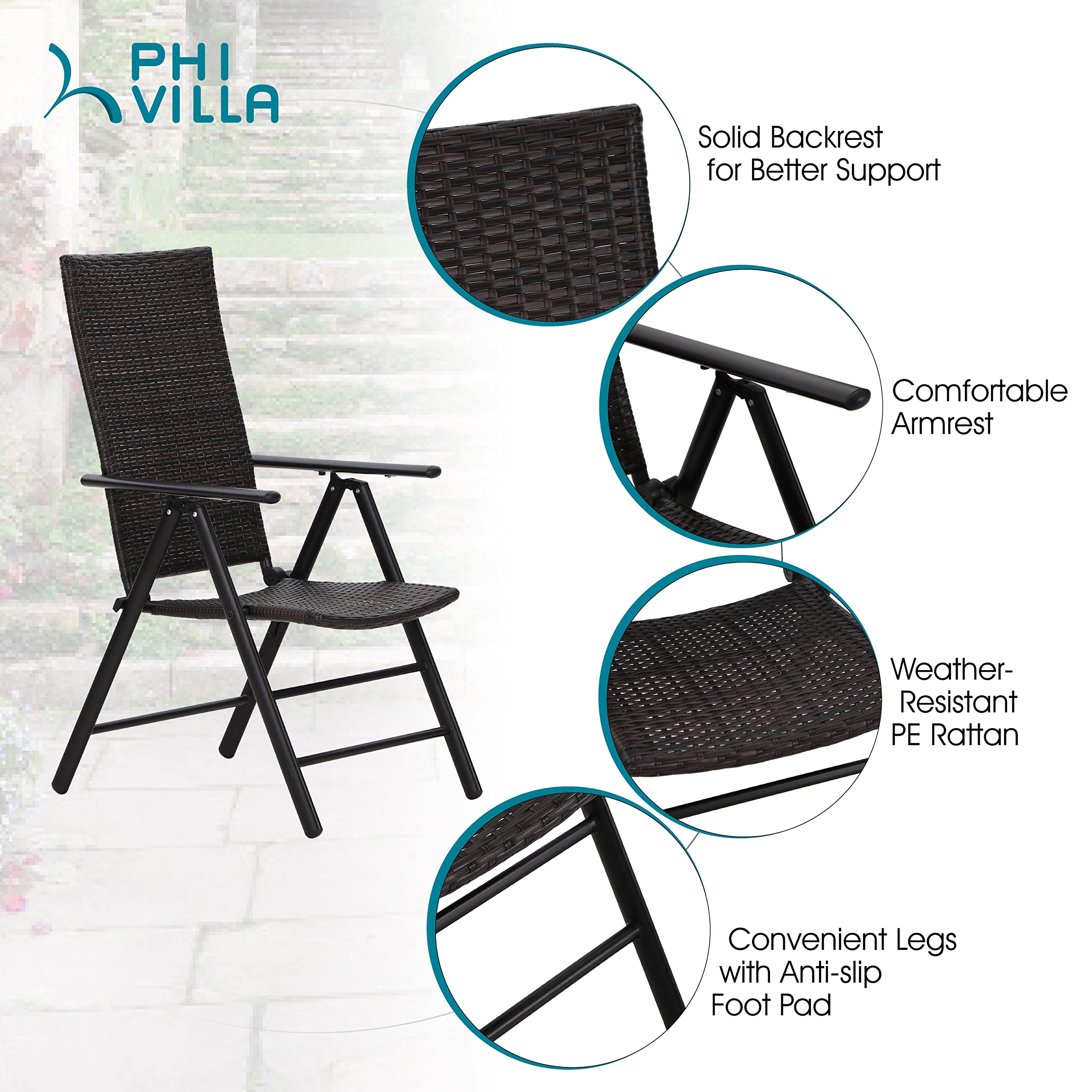 PHI VILLA Outdoor Wicker Dining Chairs Set of 2 - Adjustable Folding Patio Chairs with Cushions, All-Weather Rattan Furniture for Deck, Porch, Poolside, Backyard & Garden - Perfect for Dining, Lounging and Entertaining Guests