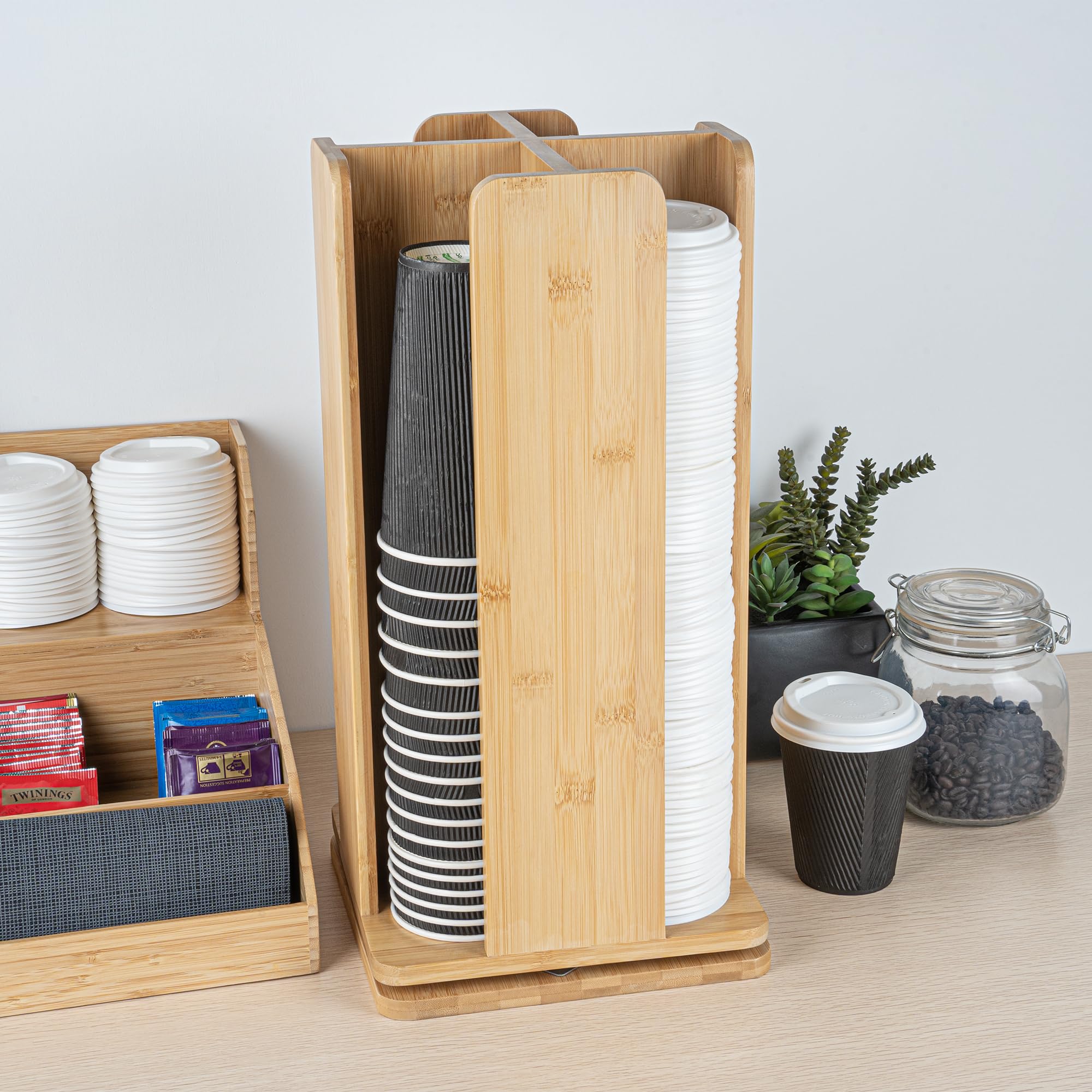 Restaurantware Restpresso 9 x 18 Inch Coffee Cup and Lid Organizer - 4-Section Revolving Bamboo Cup Holder for Restaurants, Homes & Offices | Space-Saving Countertop Solution for Coffee Shops, Break Rooms & Cafés