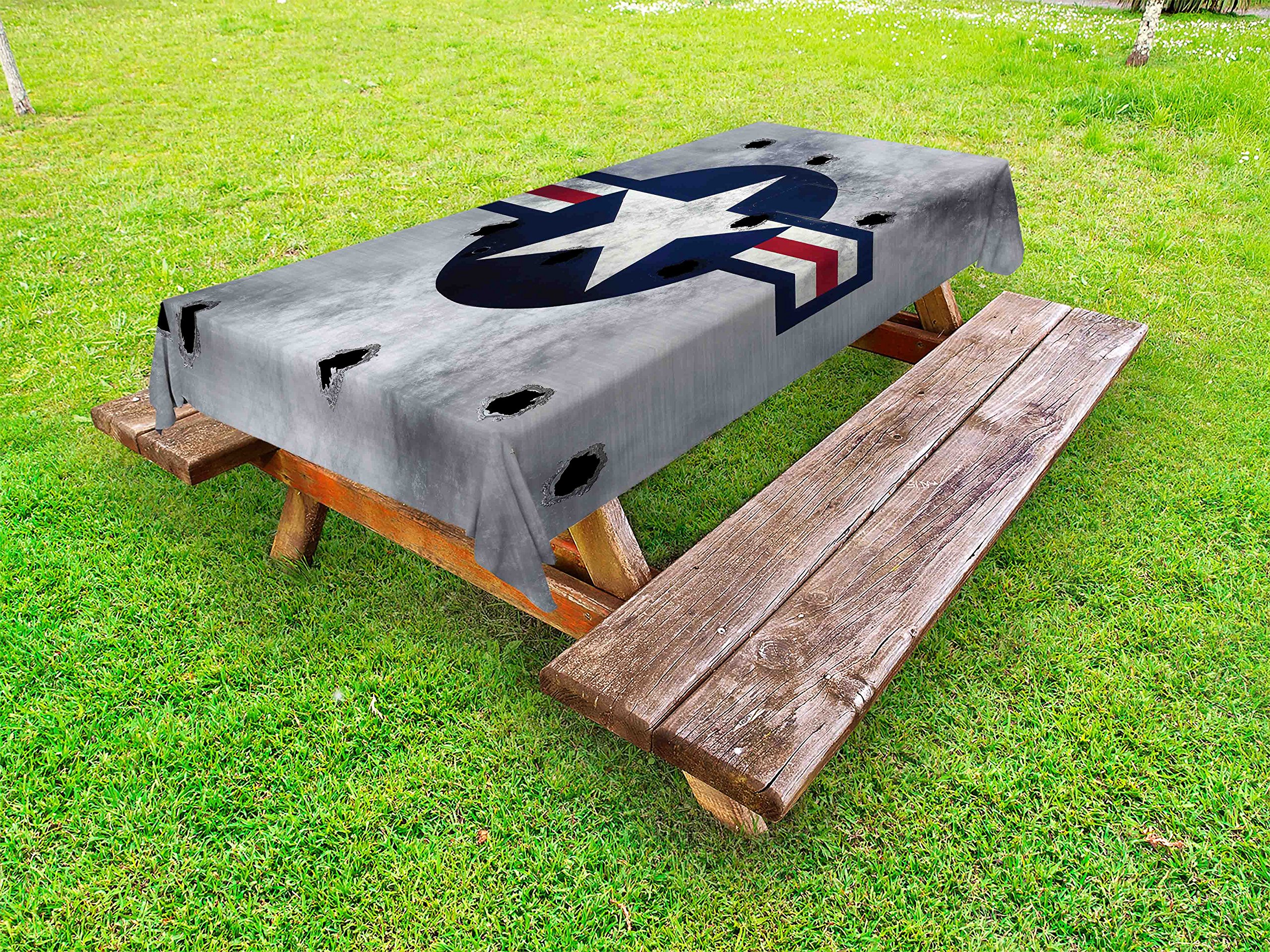 Ambesonne Airplane Themed Outdoor Tablecloth - Star & Stripes Round Circle Design with Grunge Effect - Washable Picnic Table Cover 58