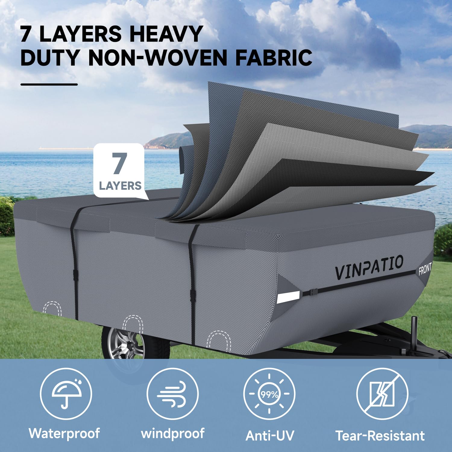 Waterproof & UV-Resistant Pop Up Camper Cover for 10'-12' Trailers - Heavy Duty Windproof Straps | Folding Camper Tent Trailer Protection for Outdoor Camping & RV Storage