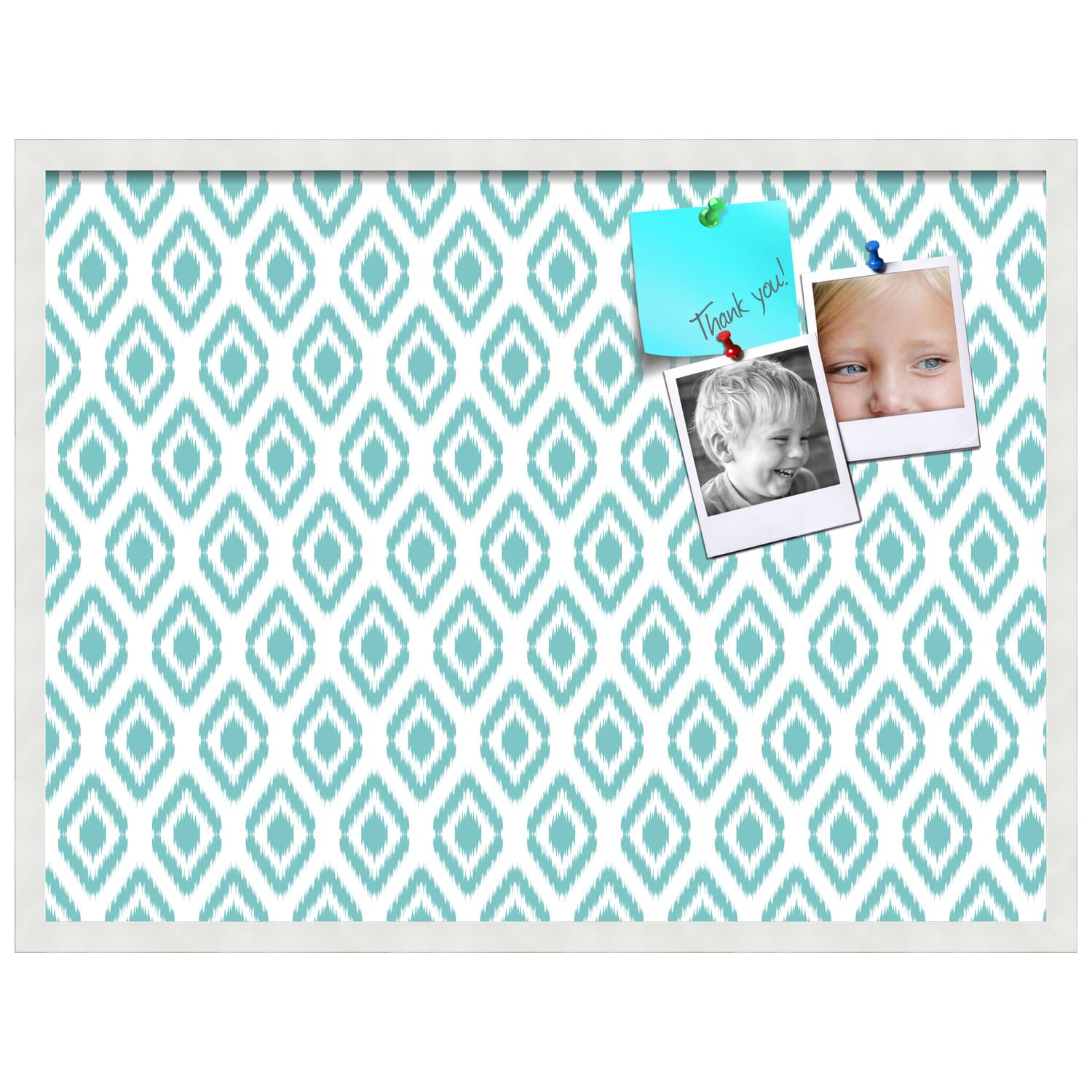 PinPix 32x24 Inch Cork Bulletin Board with Ikat Aqua Design & Satin White Frame - Stylish Decorative Pin Board for Home Office School Decor - Perfect for Notes, Photos, Reminders & Wall Organization