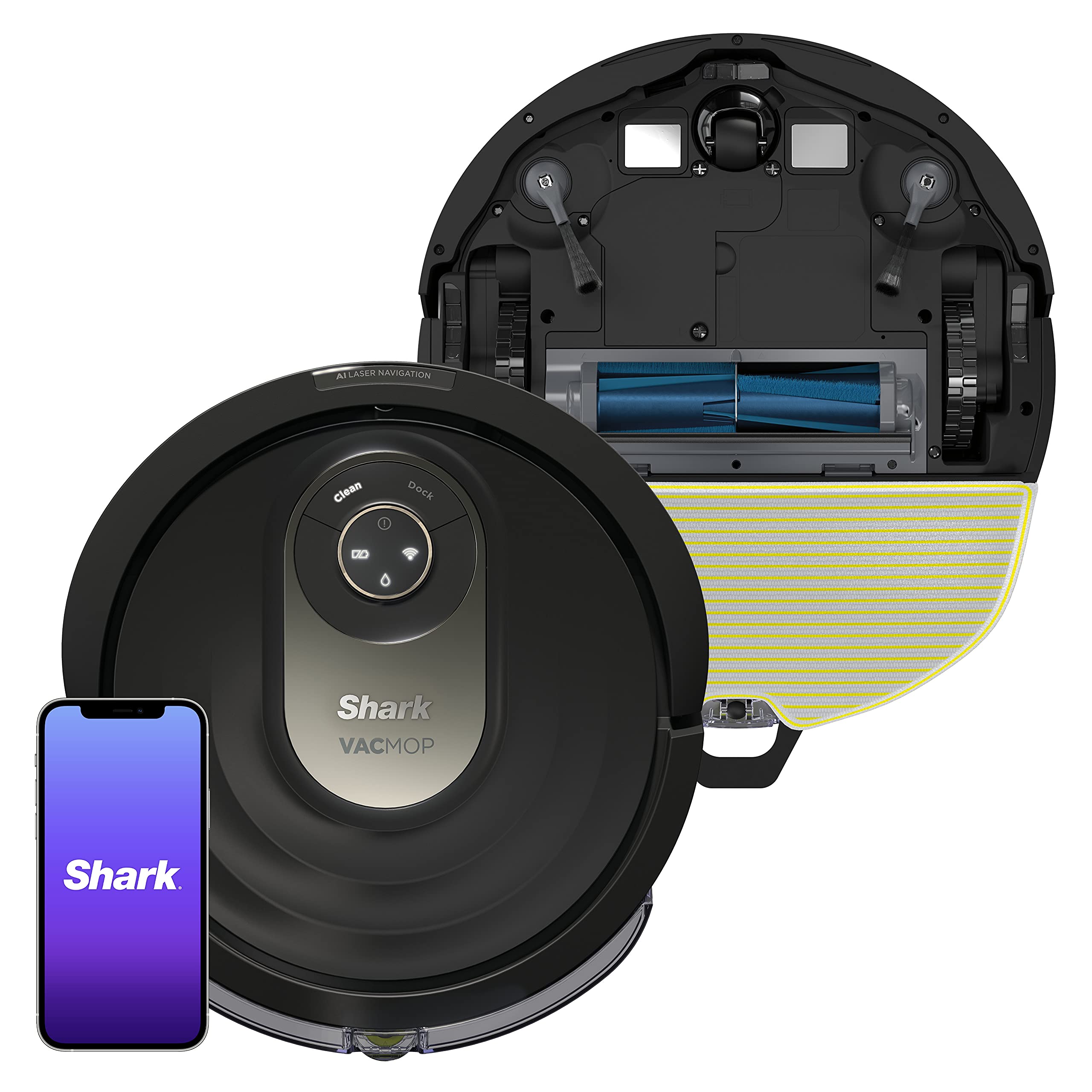 Shark AV2001WD AI VACMOP 2-in-1 Robot Vacuum and Mop with Self-Cleaning Brushroll, Smart Home Mapping, Wi-Fi & Alexa Compatible - Ideal for Pet Hair, Hardwood Floors & Carpets (Renewed, Black/Brass) - Perfect for Daily Cleaning in Living Rooms, Bedrooms & Offices