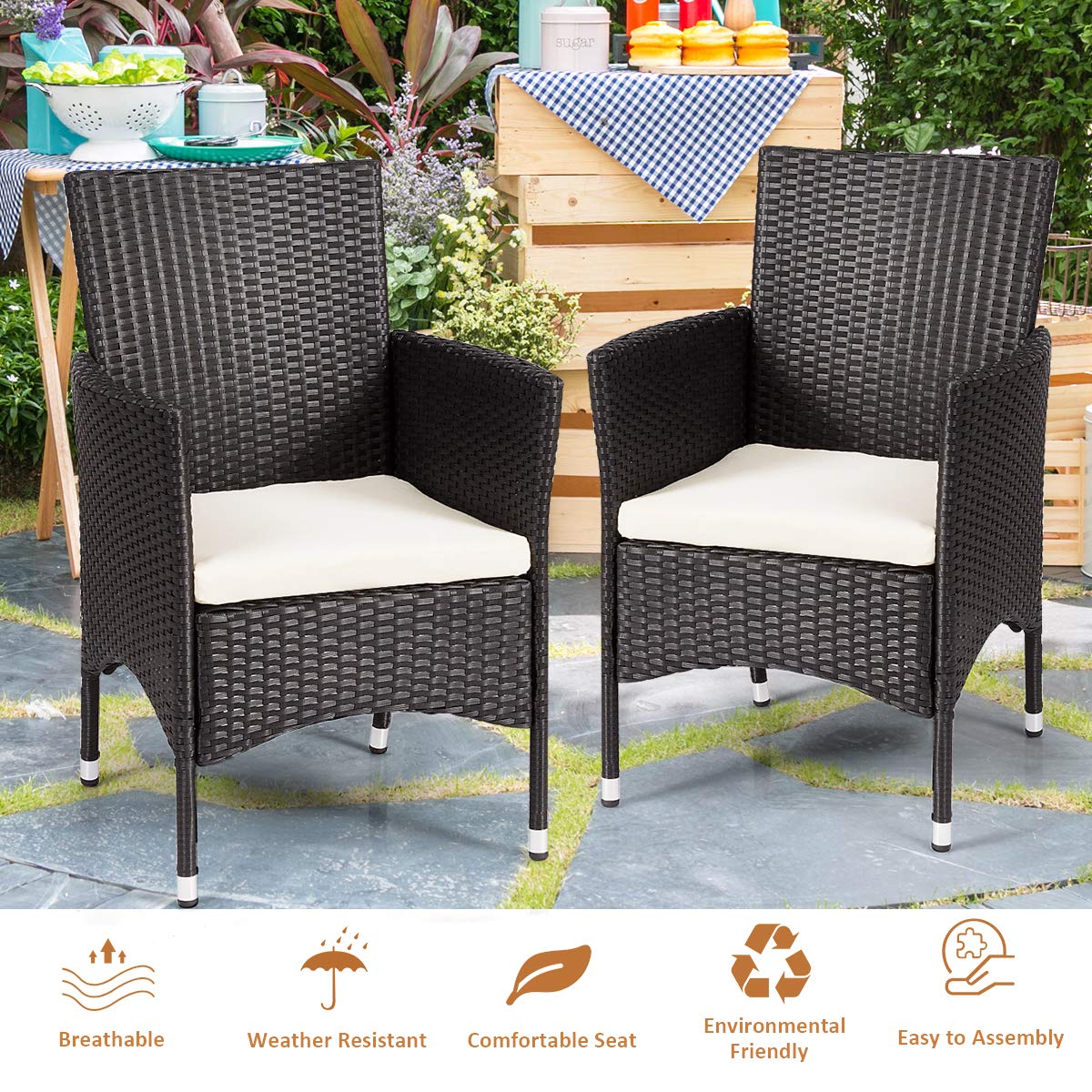 2PCS Modern Patio Rattan Chairs Set with Removable Cushions - Outdoor Wicker Armchairs for Garden, Balcony, Poolside - Durable Black Rattan Furniture for Relaxing & Entertaining