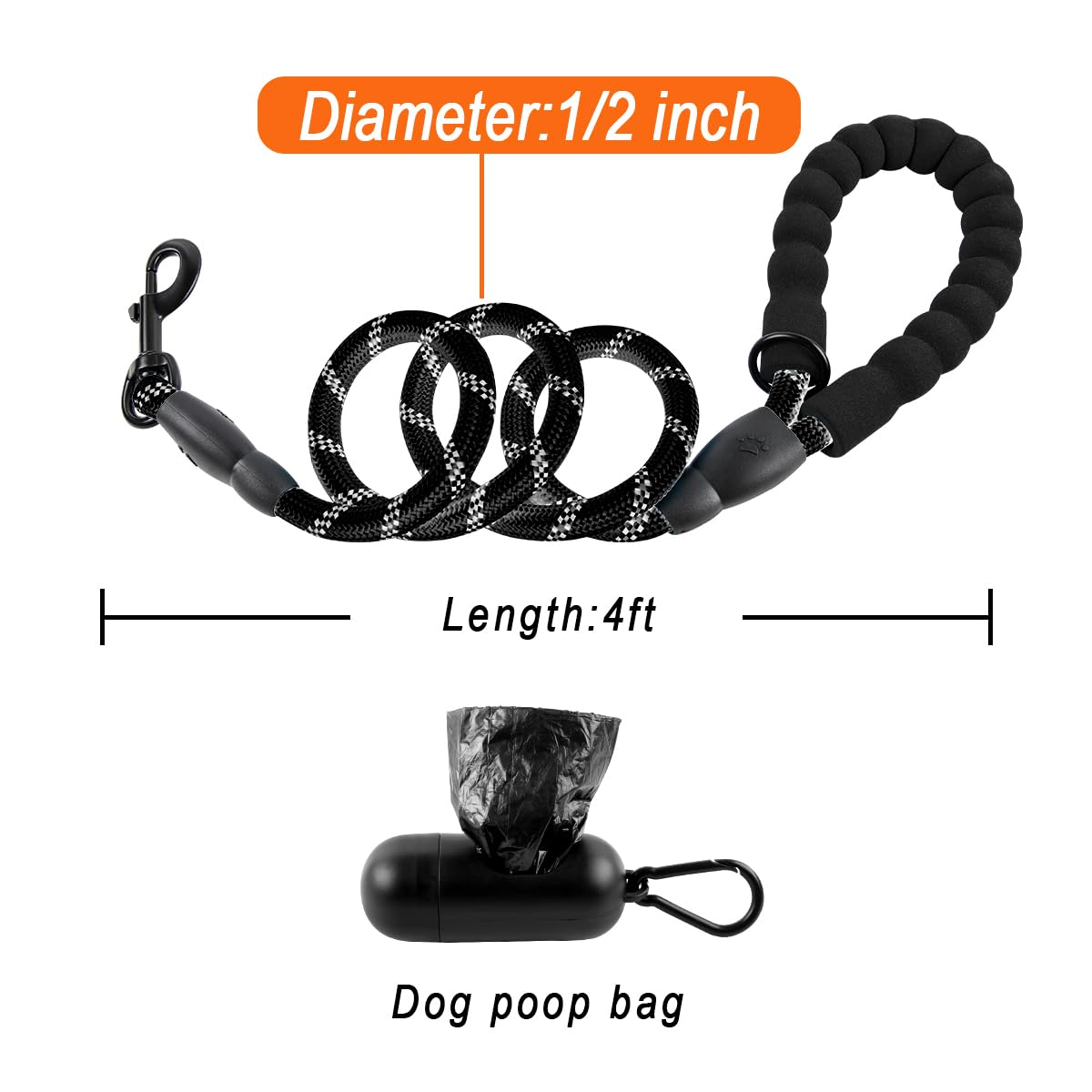 **BARKBAY Heavy Duty Dog Leash for Large Dogs – 4FT, 5FT, 6FT with Comfortable Padded Handle & Reflective Threads – Durable Walking, Training, Running Leash for Medium & Large Breeds (Black) – Perfect for Night Walks, Jogging & Outdoor Adventures**
