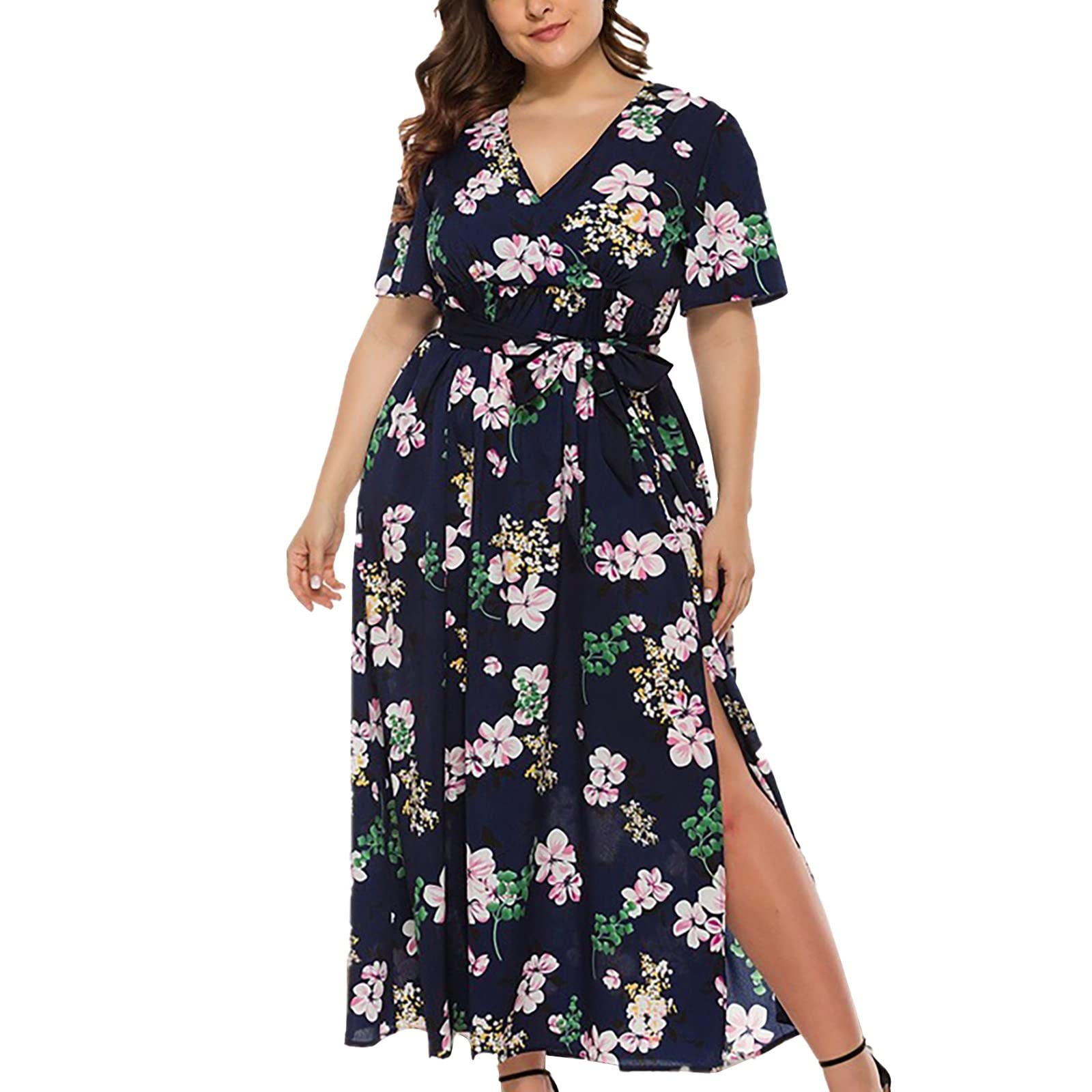 Plus Size Floral V-Neck Short Sleeve Belted Dress with Slit for Wedding Guest - Elegant Women's Cocktail Attire for Bridal Shower, Garden Party & Formal Events