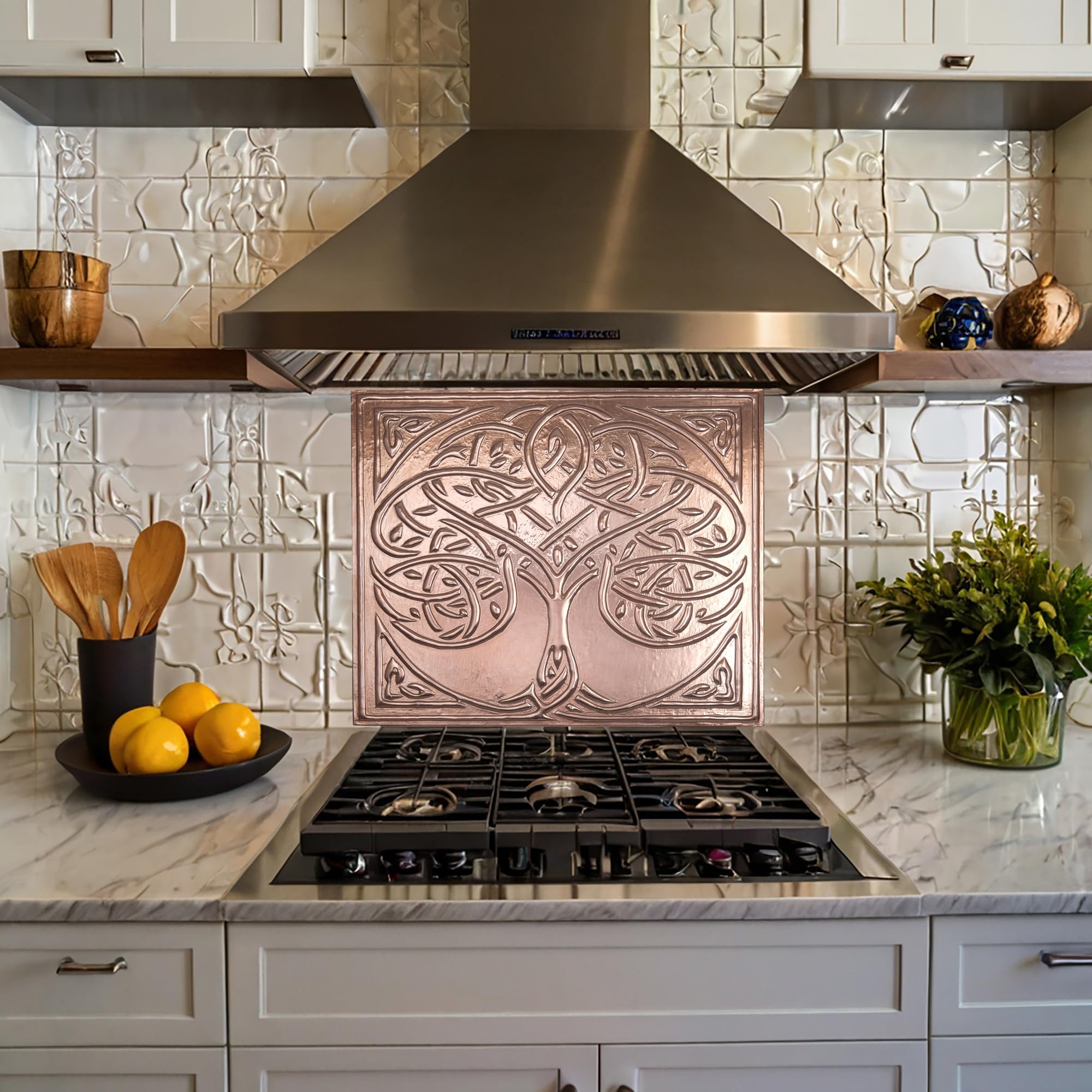 Handmade Copper Kitchen Backsplash - Celtic Tree of Life Design, Rustic Wall Decor Tile Art for Farmhouse & Modern Kitchens | Waterproof & Easy to Clean Backsplash Panel for Stove, Sink & Countertop Protection