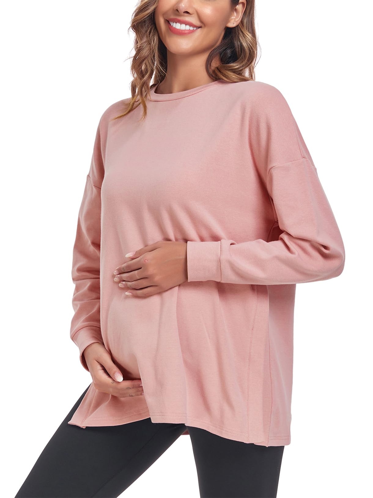 Ecavus Women's Casual Maternity Shirts - Soft Long Sleeve Pregnancy Tops with Side Split for Comfort | Perfect for Everyday Wear, Office & Maternity Photos