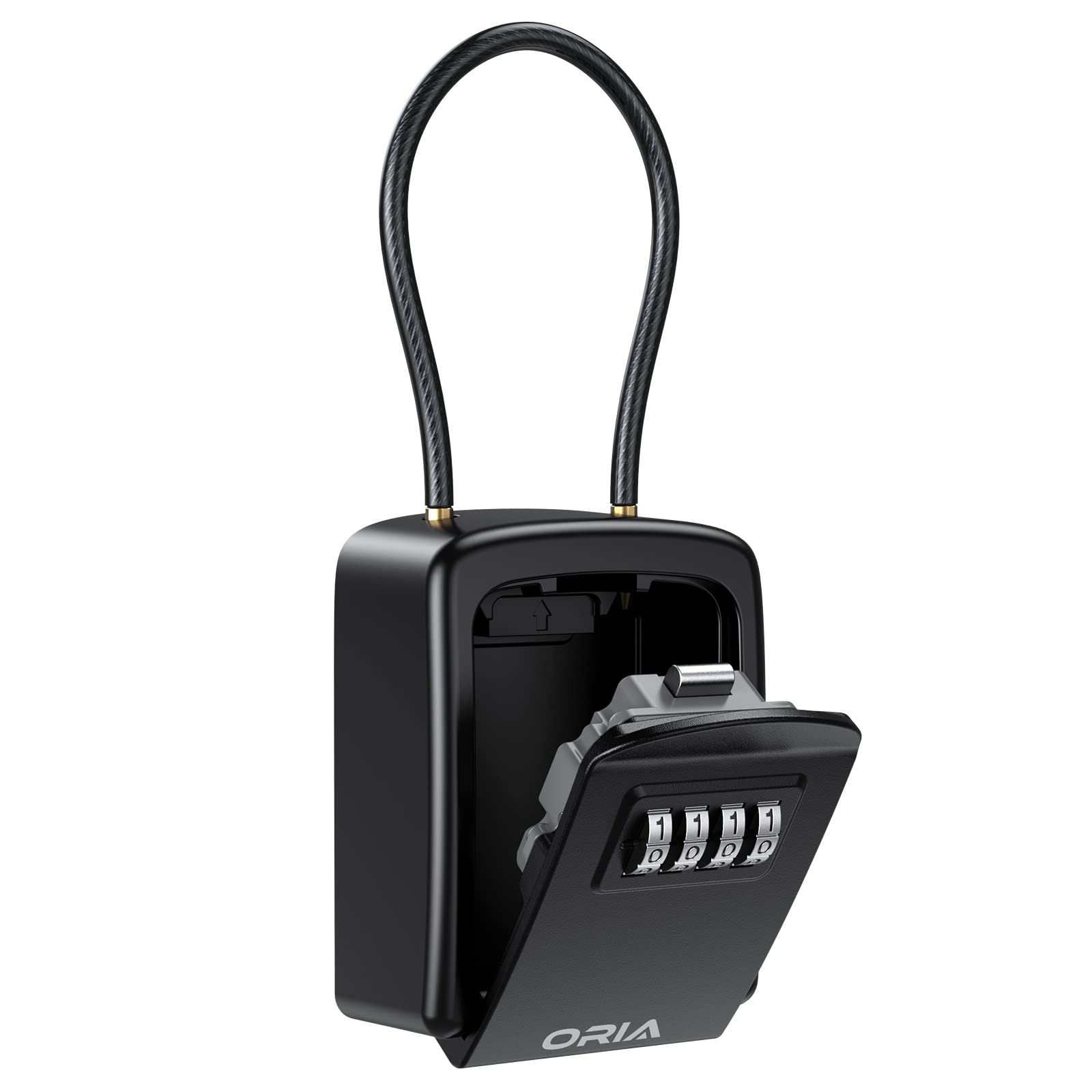 ORIA 4 Digit Combination Key Lock Box - Secure Key Safe with Removable Chain for Home, Office, Garage & Outdoor Use - Weatherproof Black Key Storage Box for Spare Keys, Airbnb, Vacation Rentals & Property Management