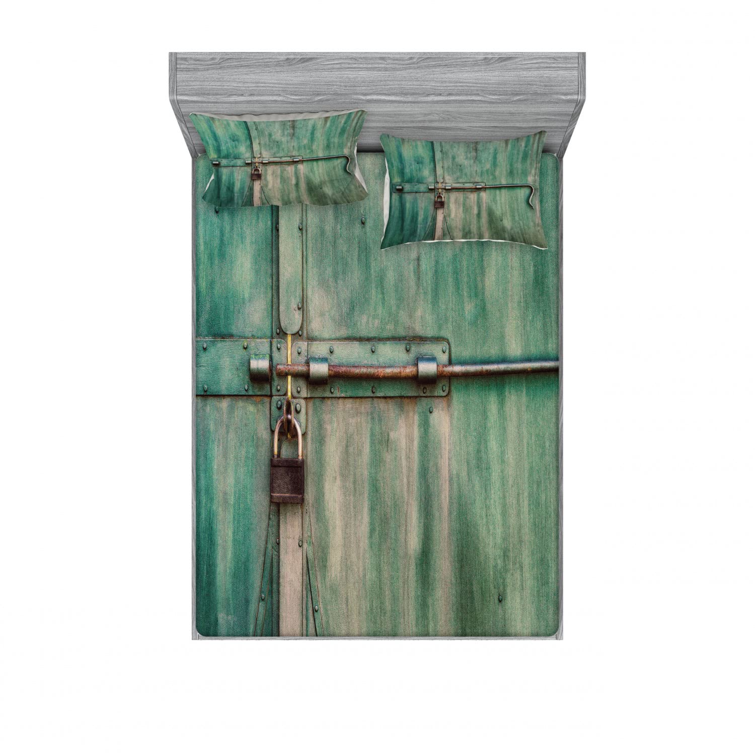 Ambesonne Industrial 2-Piece King Size Bedding Set - 2 Fitted Sheets & 4 Pillow Shams, Vintage Closed Door Design in Green & Brown | Perfect for Modern Farmhouse, Industrial Loft & Apartment Decor