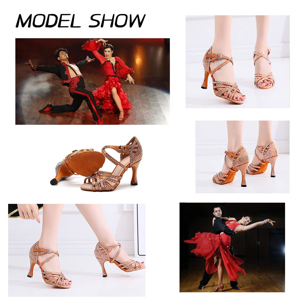 Professional Women's Rhinestone Latin Dance Shoes - 3.5 Inch Heel Open Toe Ballroom Salsa Shoes for Social Dancing | Perfect for Competitions, Performances & Dance Classes