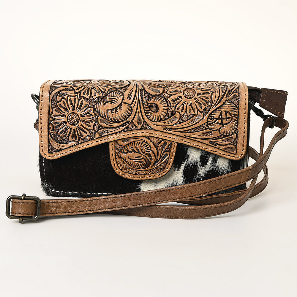 ADBG681A Genuine Leather Women's Western Handbag - American Darling Hand-Tooled Hair-On Cowhide Purse for Country Rodeo & Everyday Use