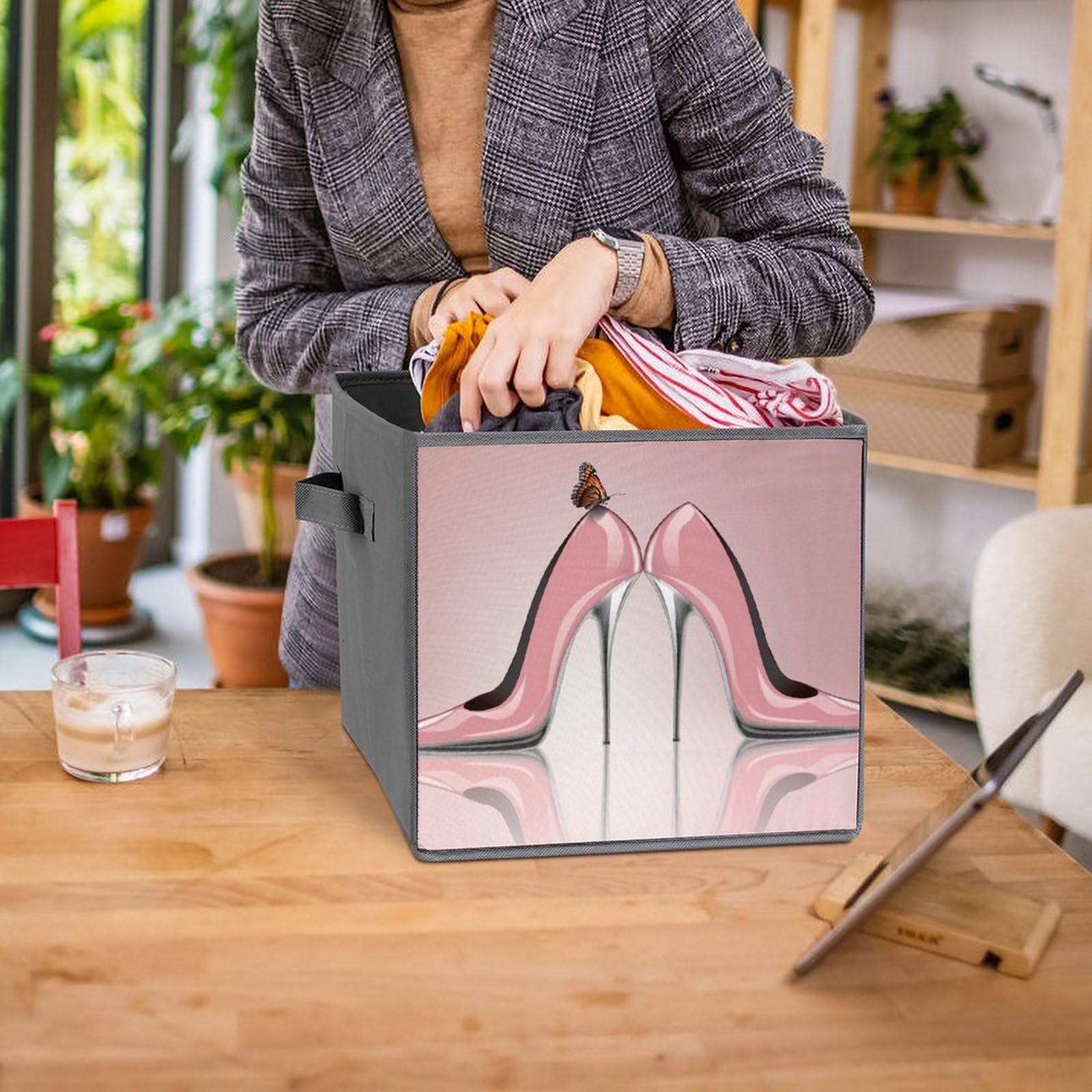 Elegant Pink Cube Storage Bin with Butterfly High Heel Design - Foldable Fabric Baskets with Handles for Closet, Pantry, Shelf & Toy Organization - Perfect for Bedroom, Nursery & Playroom Storage Solutions