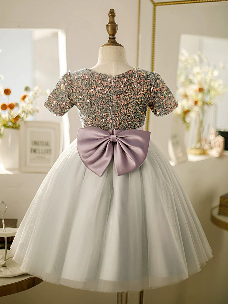 Dusty Blue Princess Round Tea Length Tulle Flower Girl Dress for Weddings, Bridal Showers & Special Occasions