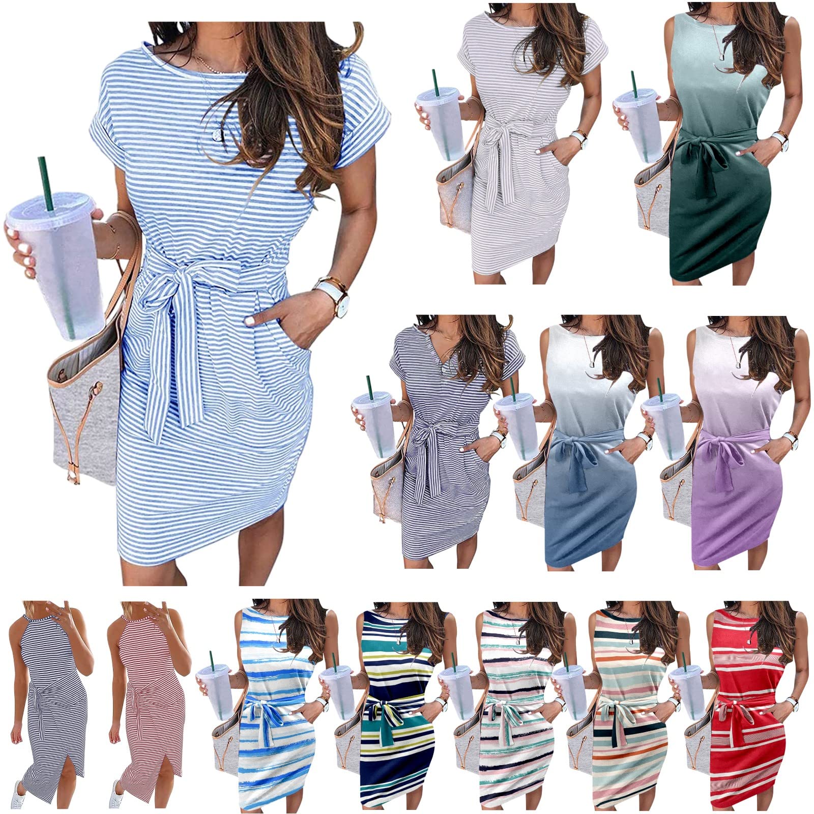 2022 Women's Spring & Summer Casual Sleeveless Striped Tie-Waist Midi Sundress with Pockets | Flowy Tank Dress for Beach, Vacation & Everyday Wear