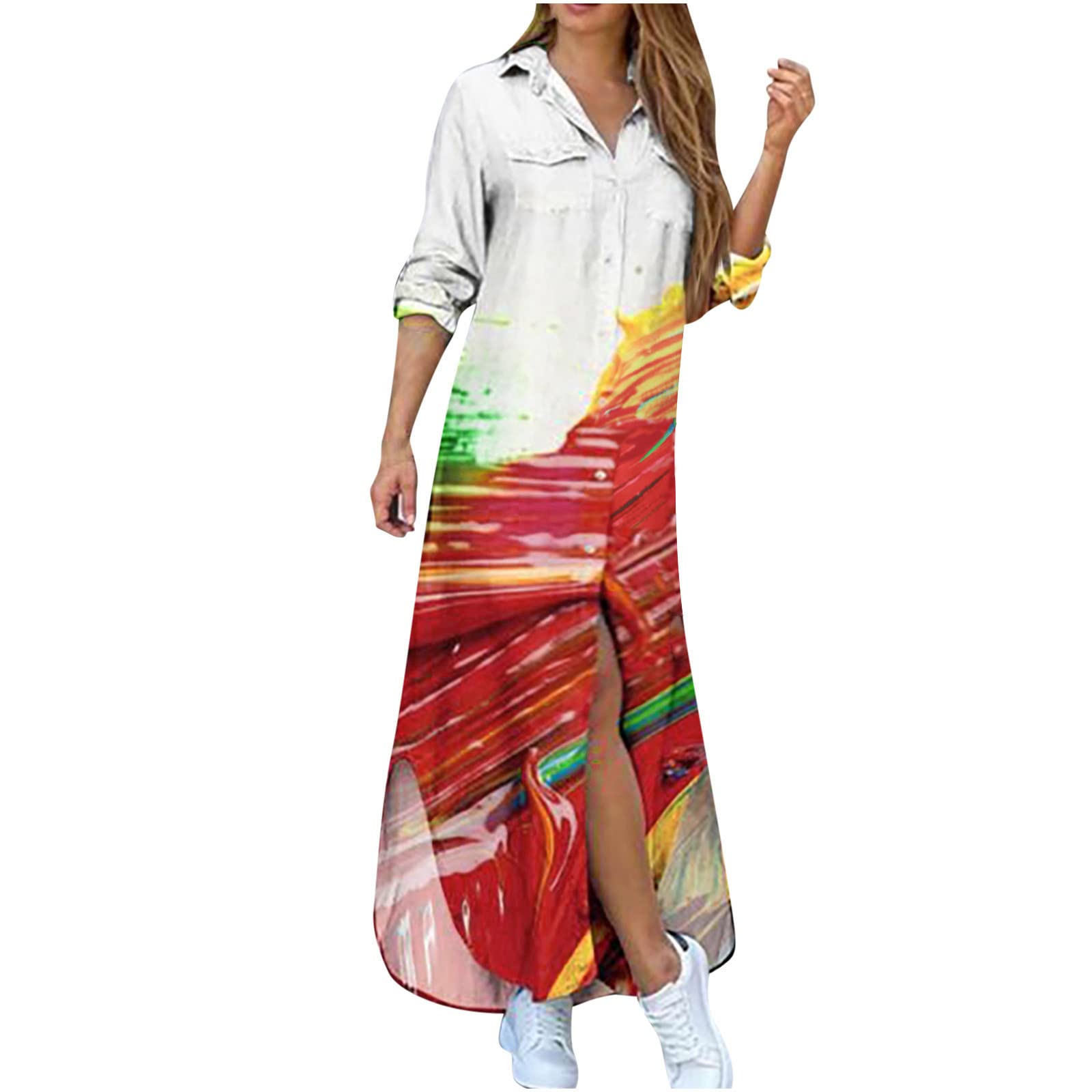PANOEGSN Women's Printed Button Down Midi Dress - Long Sleeve Lapel Shirt Dress with Drawstring Waist | Casual Office Wear, Spring Summer Outfits, Date Night Dress