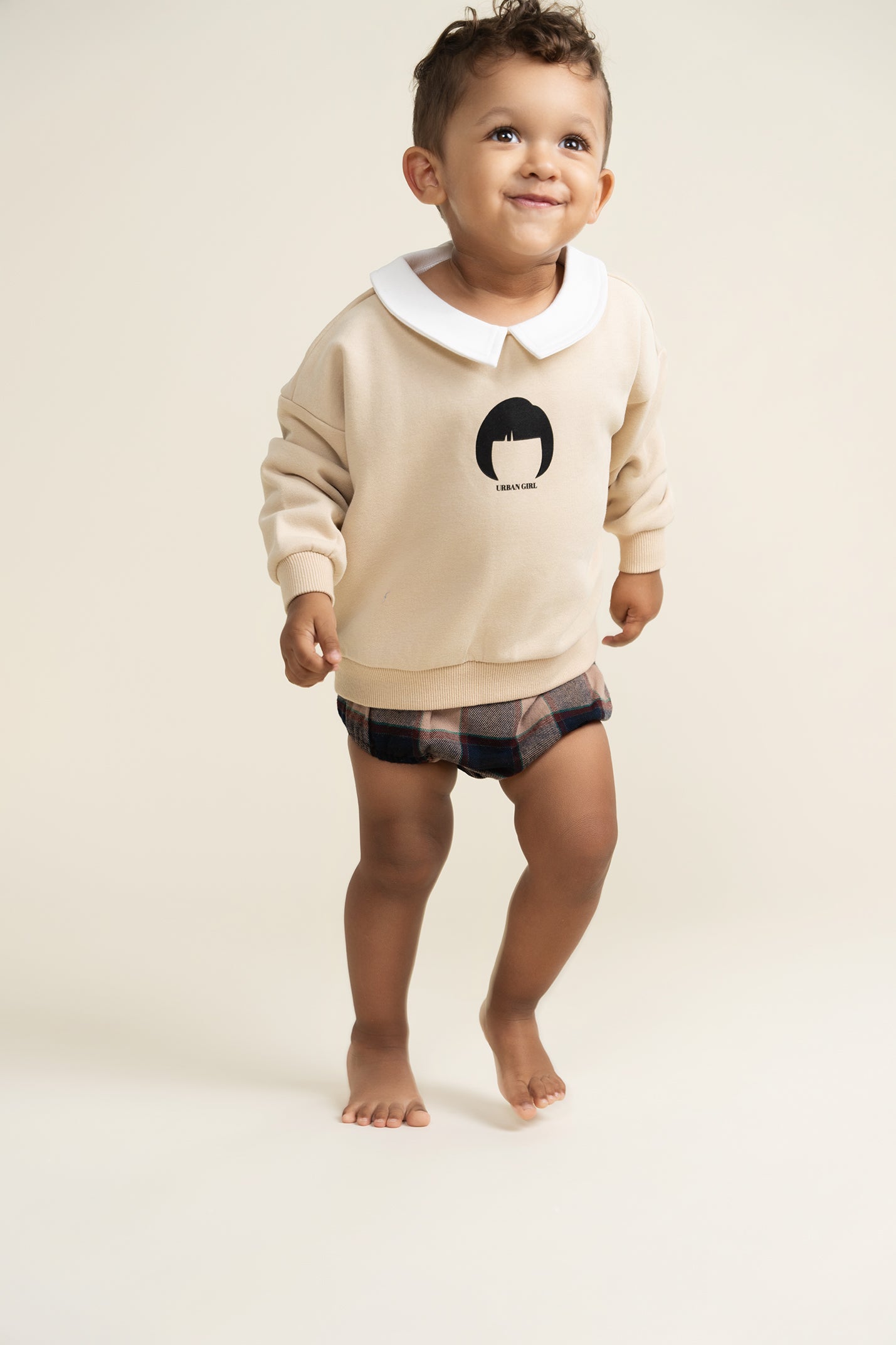 Urbani Navy Plaid Bloomers & Cream Collared Sweatshirt Set - Cute Matching Outfit for Girls | Perfect for Family Photos, Playdates & Special Occasions