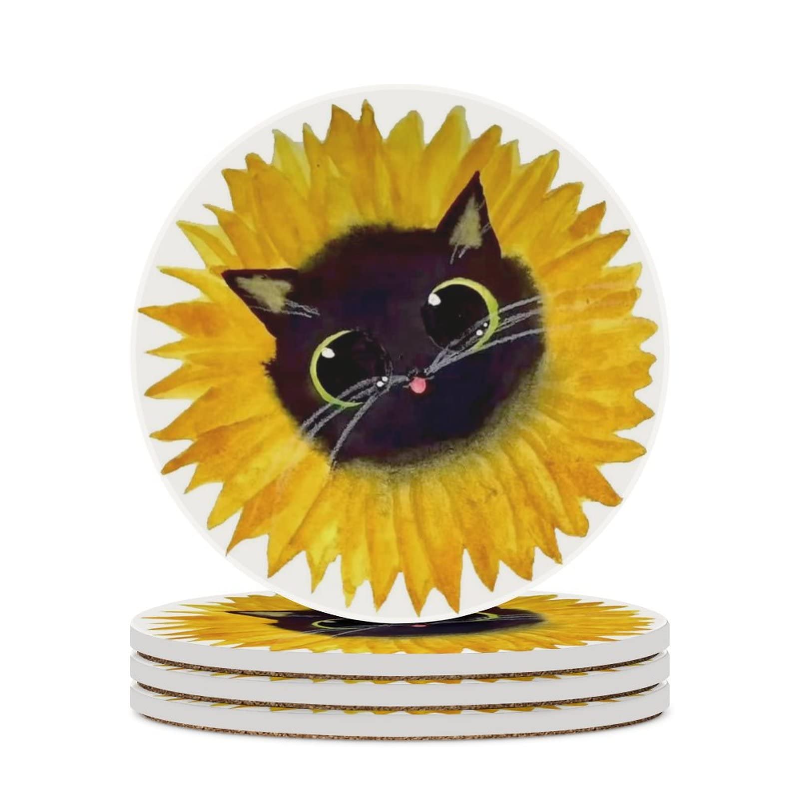Mr. Tom Cat Sunflower Drink Coasters Set of 4 - 4 Inch Absorbent Diatomite Ceramic Coasters with Cork Base - Tabletop Protection for Dining Tables, Desks & Restaurants - Perfect for Coffee, Tea, Wine & Beverage Protection