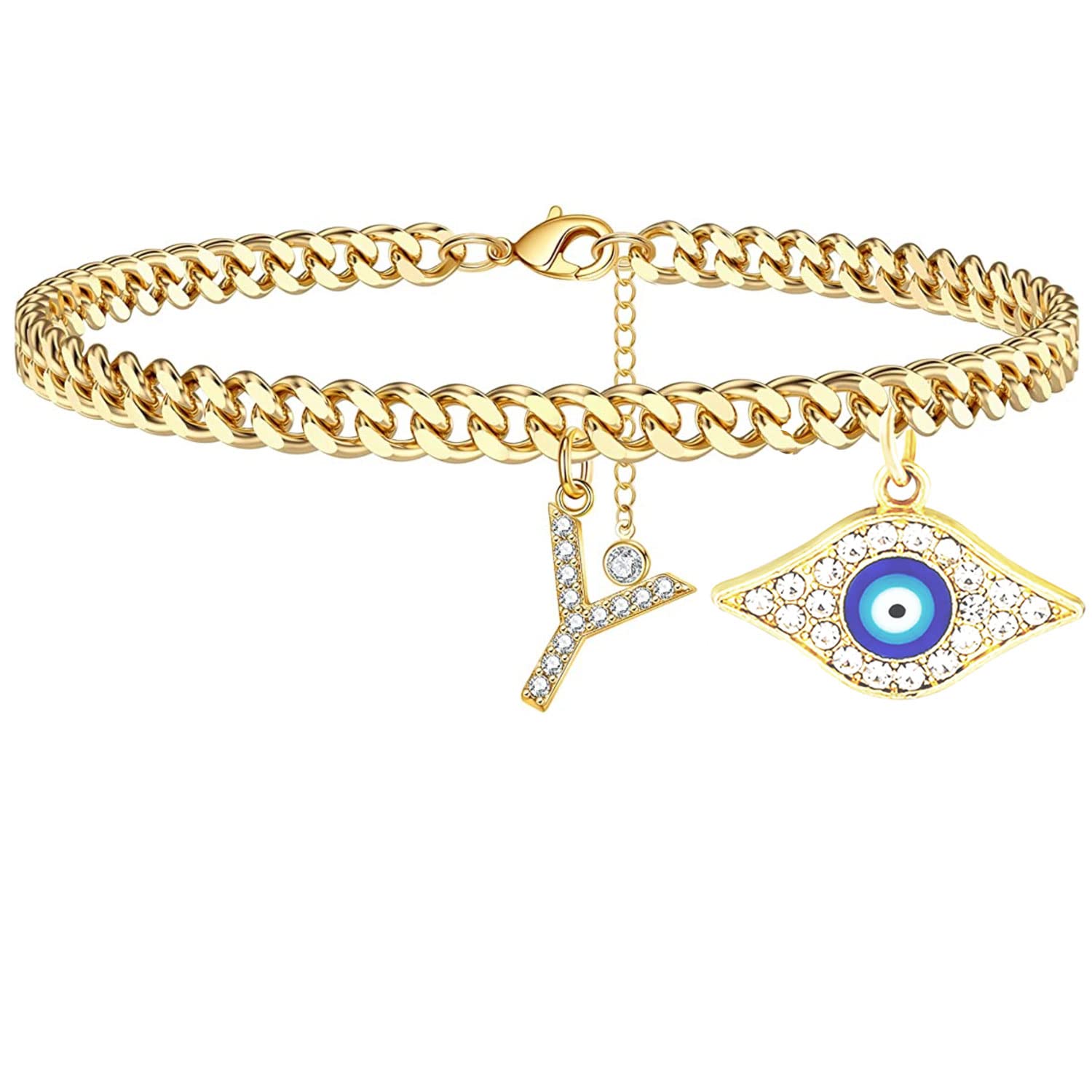 18K Gold Plated Dainty Cuban Link Initial Anklet for Women - CZ Letter Evil Eye Anklet Bracelet, Summer Beach Jewelry Gift for Women & Teen Girls | Perfect for Vacation, Wedding, Party & Everyday Wear