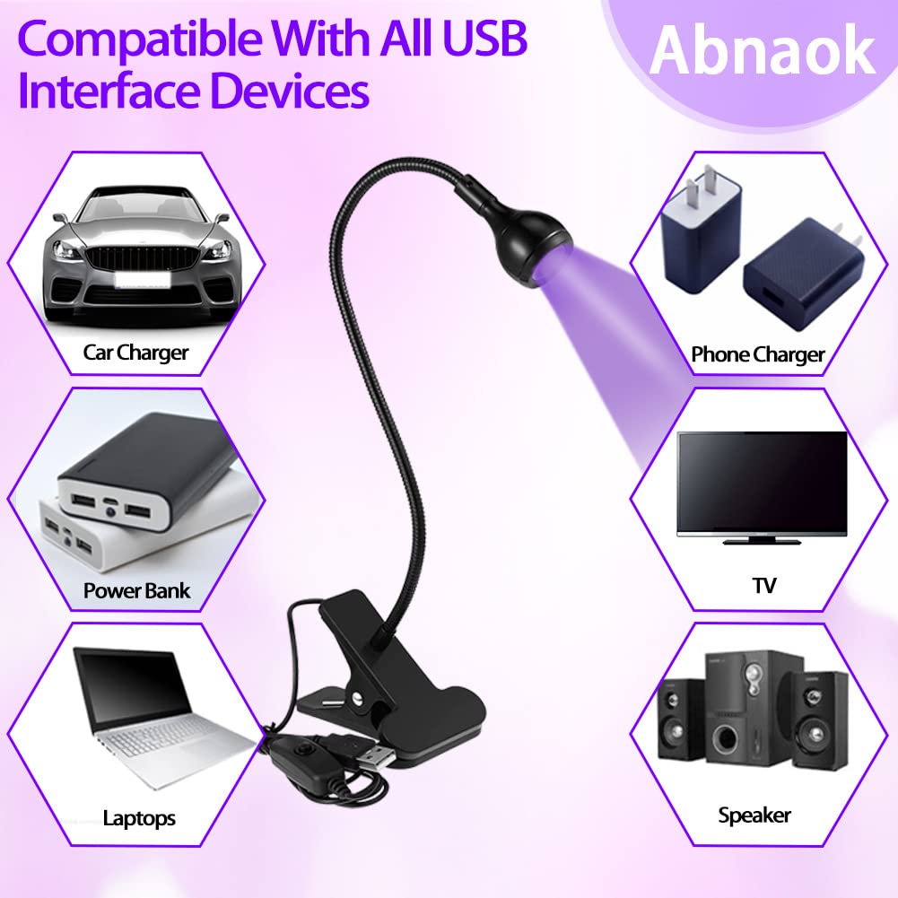 Abnaok USB 3W LED UV Ultraviolet Phone Glue Curing Lamp - Portable UV Nail Lamp for Gel Manicures & Phone Repair - Flexible Clamp Desk Light for Home, Salon & DIY Projects - Plug & Play Black