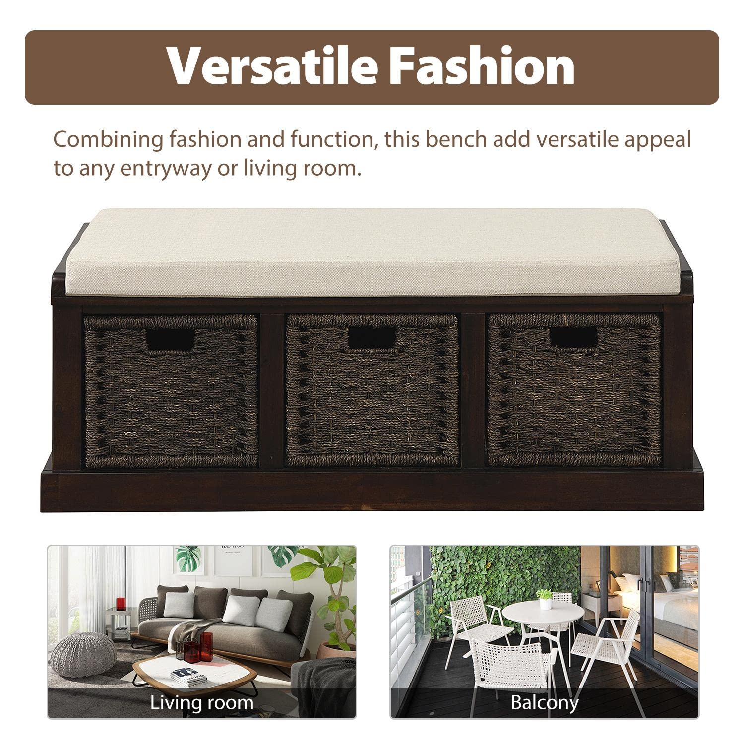 JINS&VICO Entryway Storage Bench with 3 Rattan Baskets & Removable Cushion - Shoe Bench, Footrest, Hallway Organizer (Espresso) - Perfect for Entryway, Living Room, Bedroom & Mudroom Organization