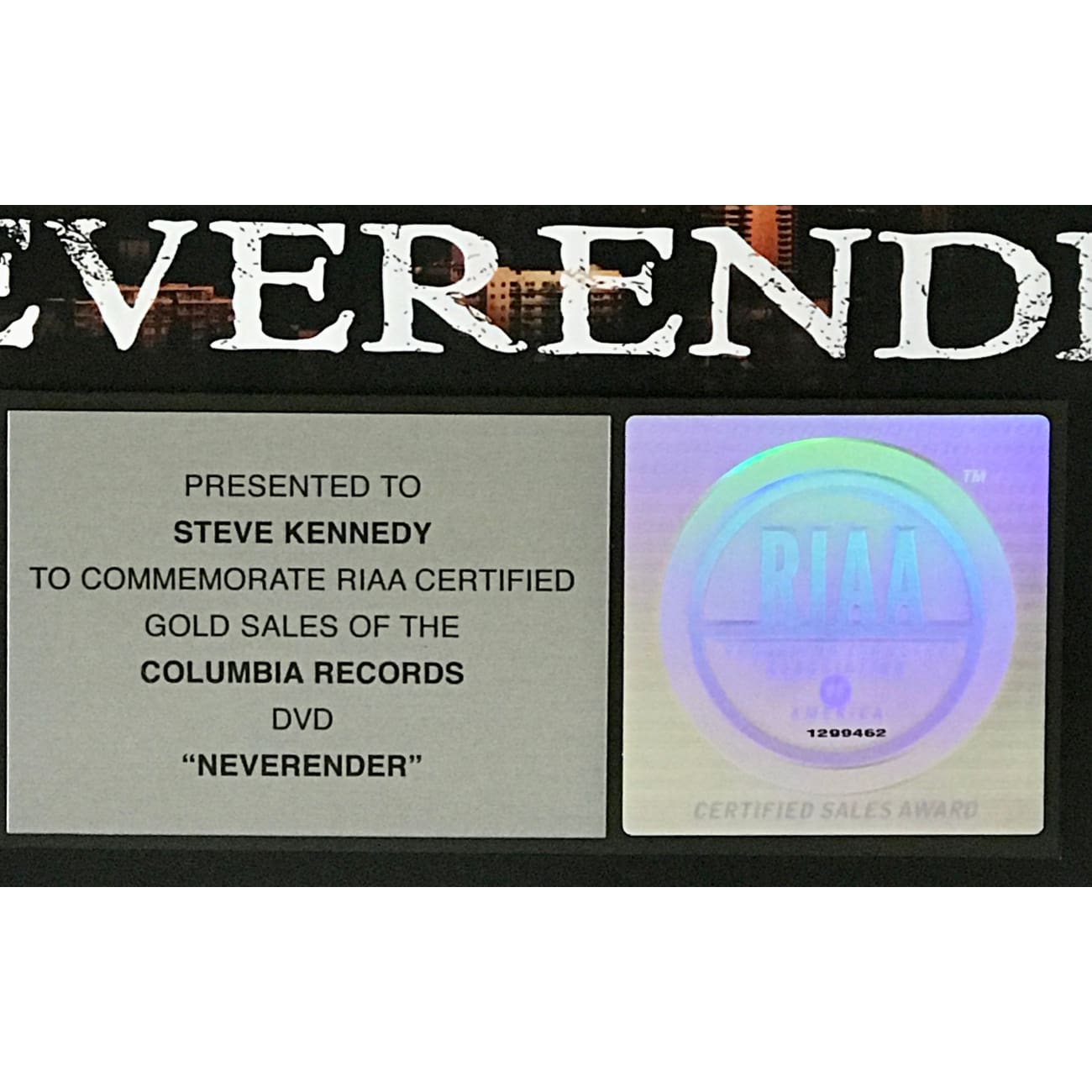 Coheed and Cambria Neverender RIAA Gold Certified Video Award - Perfect for Music Collectors & Rock Memorabilia Displays