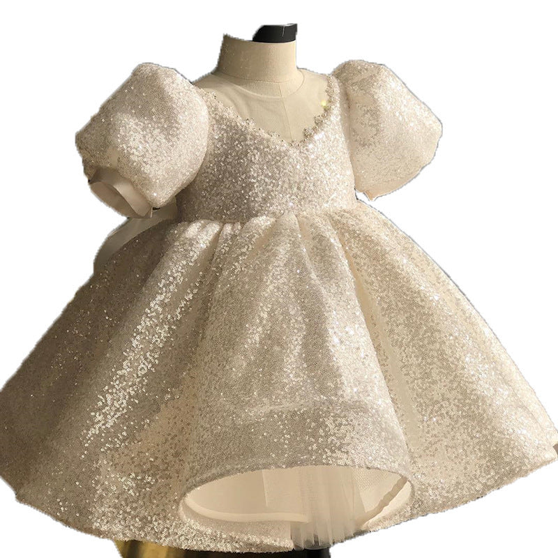 White Sequins Baby Girl Christmas Dress - Elegant Flower Girl Birthday Party Princess Gown for Holiday Photos & Special Occasions