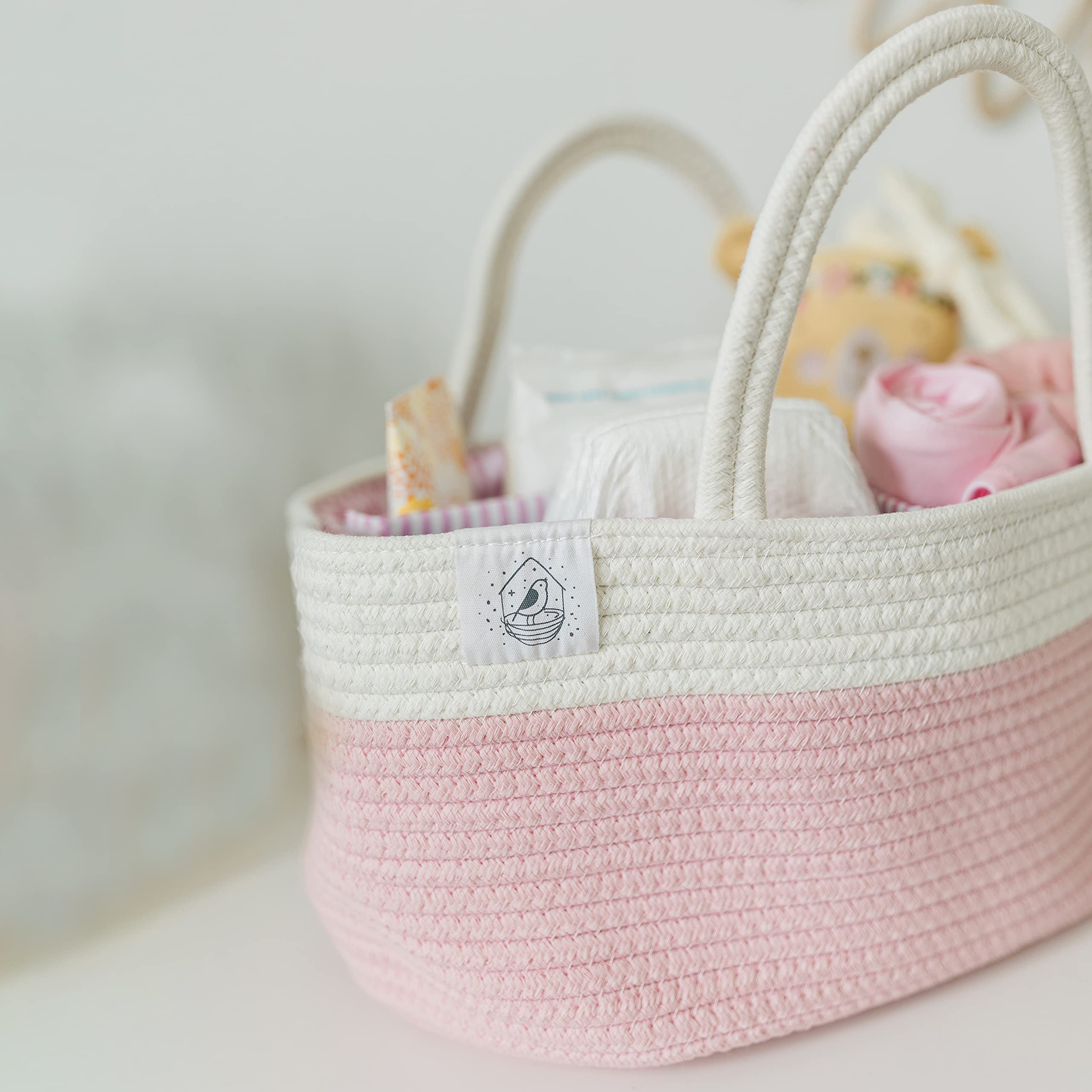 OrganiHaus Rope Diaper Caddy Basket - Baby Changing Station Organizer with Dividers & Handles | Nursery Storage Solution | Perfect Baby Shower Gift for Newborns | Pink Changing Table Basket for Diapers, Wipes & Essentials