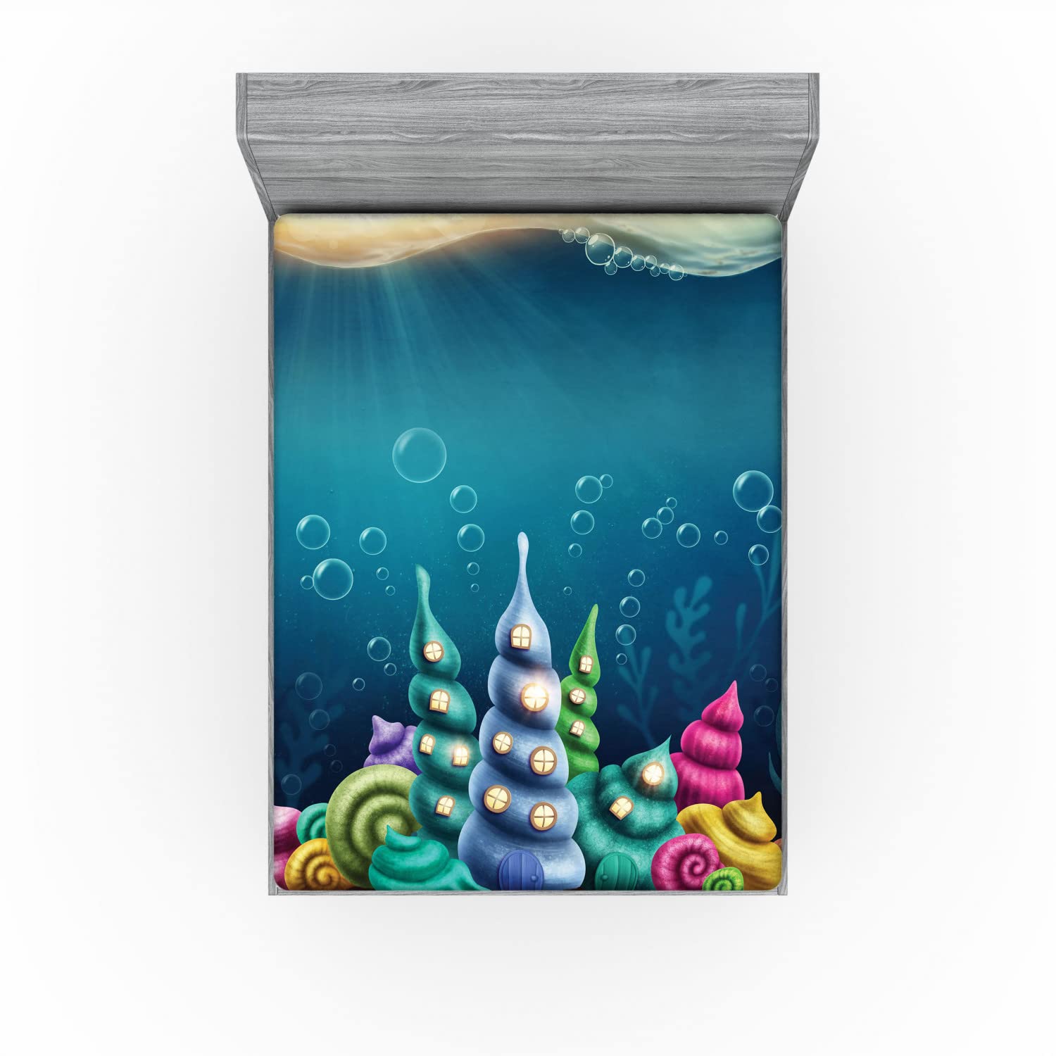 Ambesonne Queen Size Fitted Sheet - Underwater Fantasy Print with Shell Houses & Water Bubbles, Deep Pocket All-Around Elastic, Teal Brown - Perfect for Kids' Rooms, Beach Themed Bedrooms & Fantasy Decor