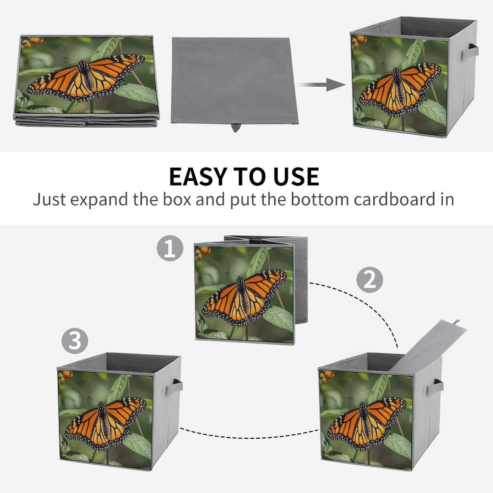 6-Piece Collapsible Storage Bins with Handles - Monarch Butterfly Printed Foldable Organizing Baskets for Shelves, Closet, Pantry | Space-Saving Home Organization Solution for Bedroom, Bathroom & Kitchen Storage