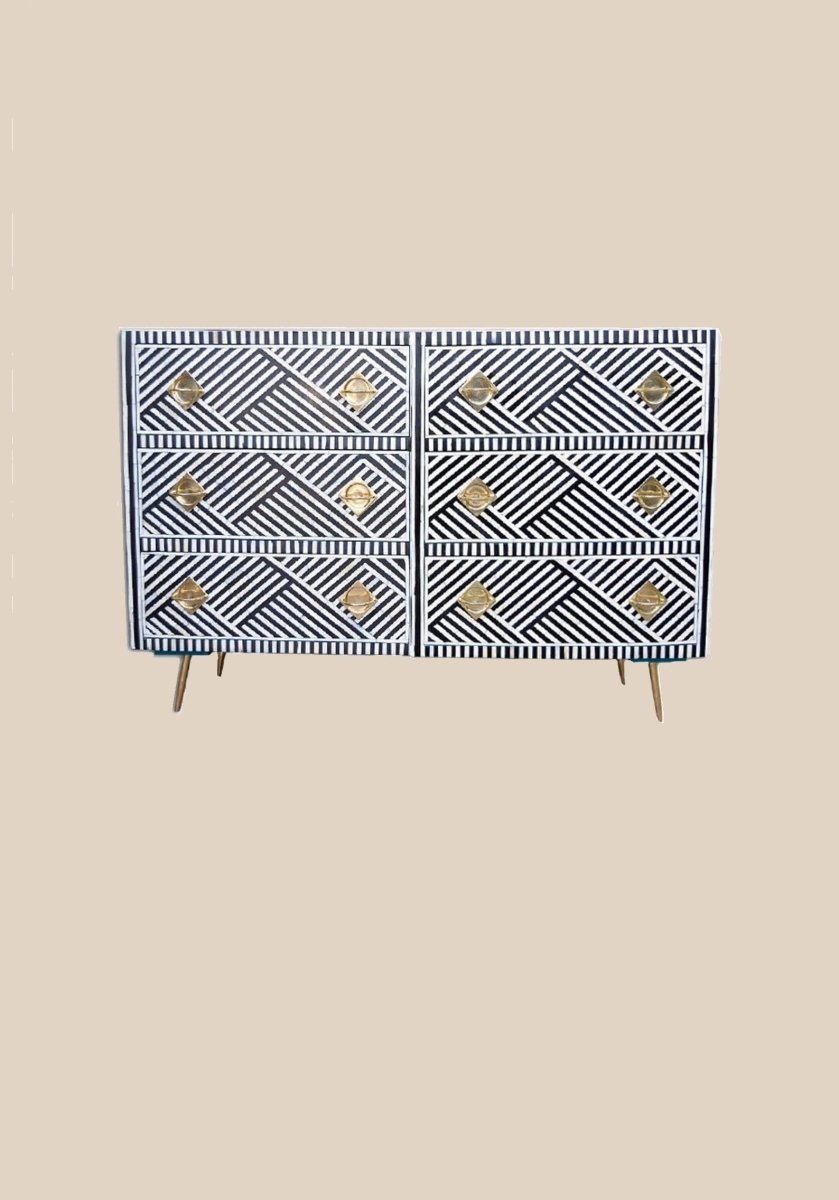 Handmade Bone Inlay 6-Drawer Black Chest - Vintage Boho Storage Cabinet for Bedroom, Living Room & Office Organization