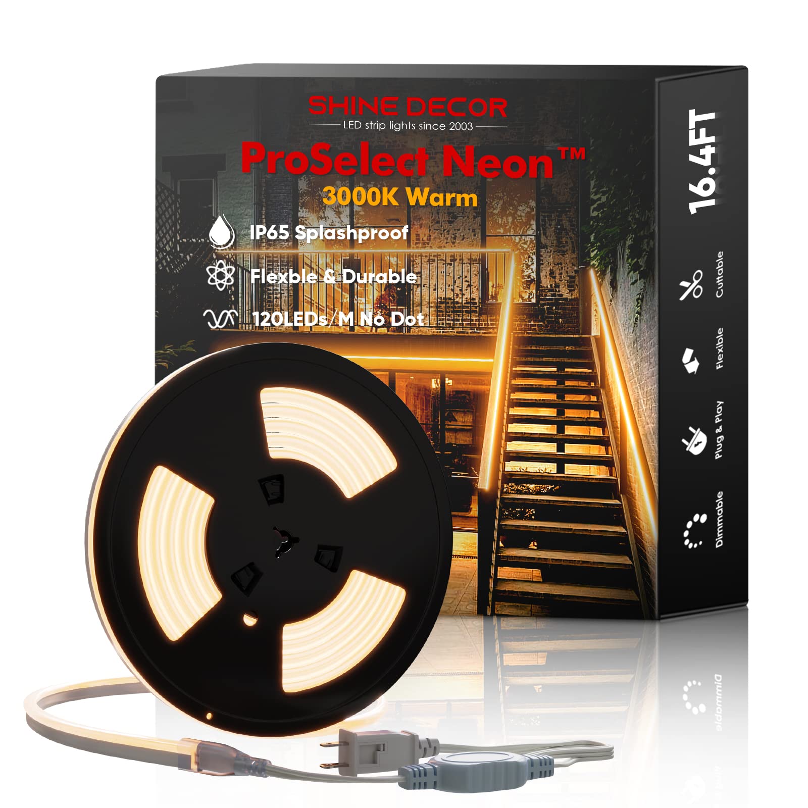 Shine Decor LED Neon Rope Lights 16.4FT - ETL-Listed Flexible 120V AC 120LEDs/M Dotless Strip Lighting - Custom Cuttable & IP65 Waterproof - 3000K Warm White for Indoor & Outdoor Use - Perfect for Bedroom, Patio, Wedding, and Party Decorations