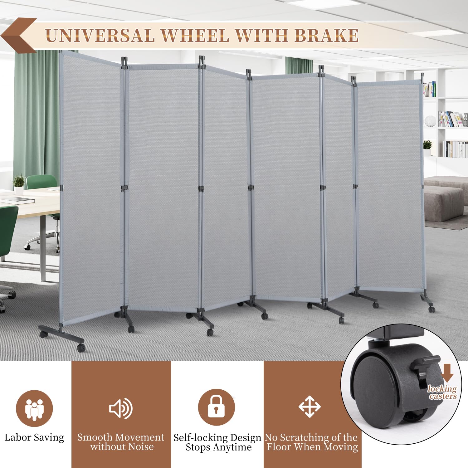 6-Panel Room Divider Screen with Wheels - Portable Freestanding Partition Wall for Studio, Office & Home Decoration - Grey Space Separator for Privacy, Room Division & Interior Design