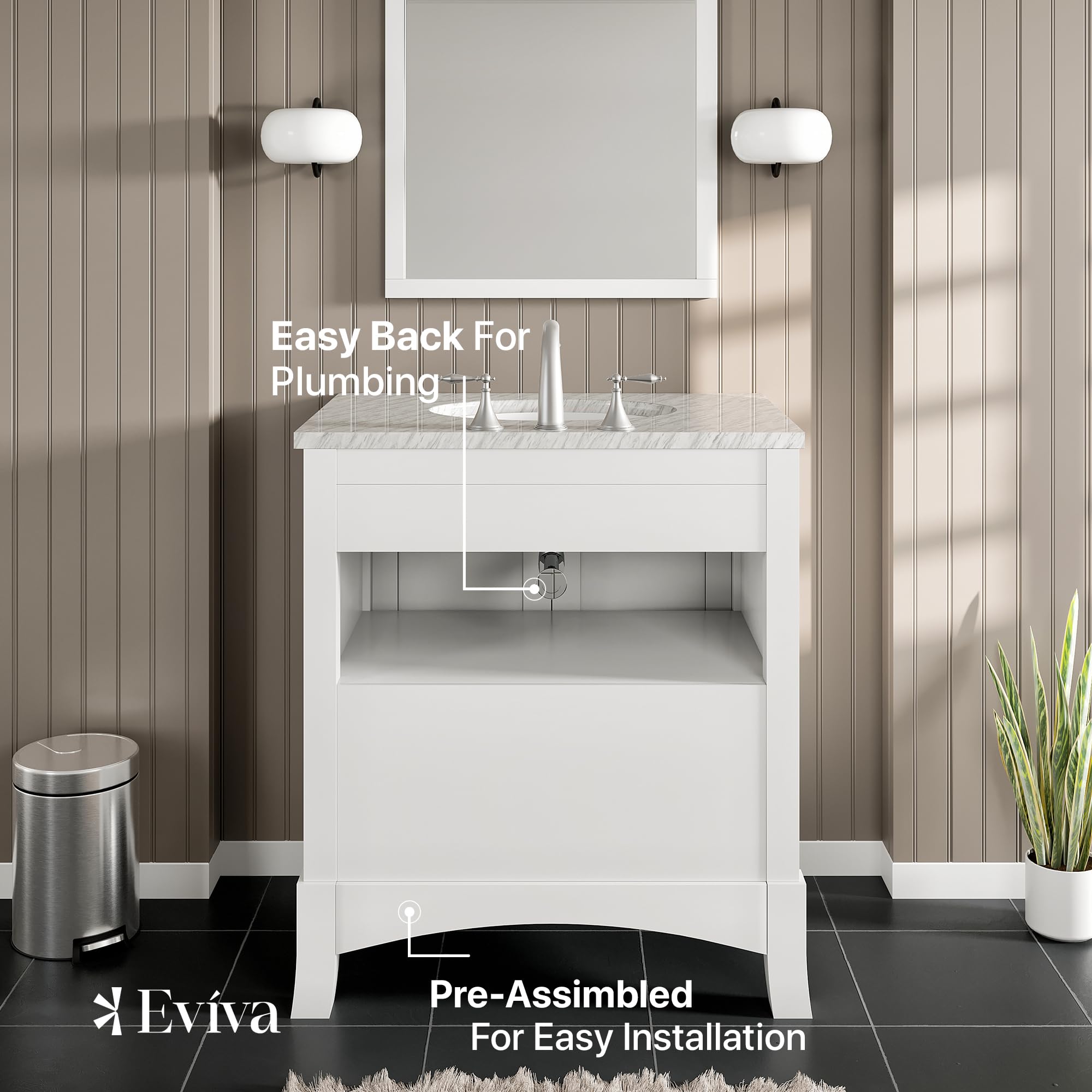 Eviva 30 Inch White Bathroom Vanity - Solid Wood Bathroom Sink Cabinet with Mirror, Modern Bathroom Vanity Set for Small Spaces | Perfect for Master Bath, Guest Bath & Apartment Renovation