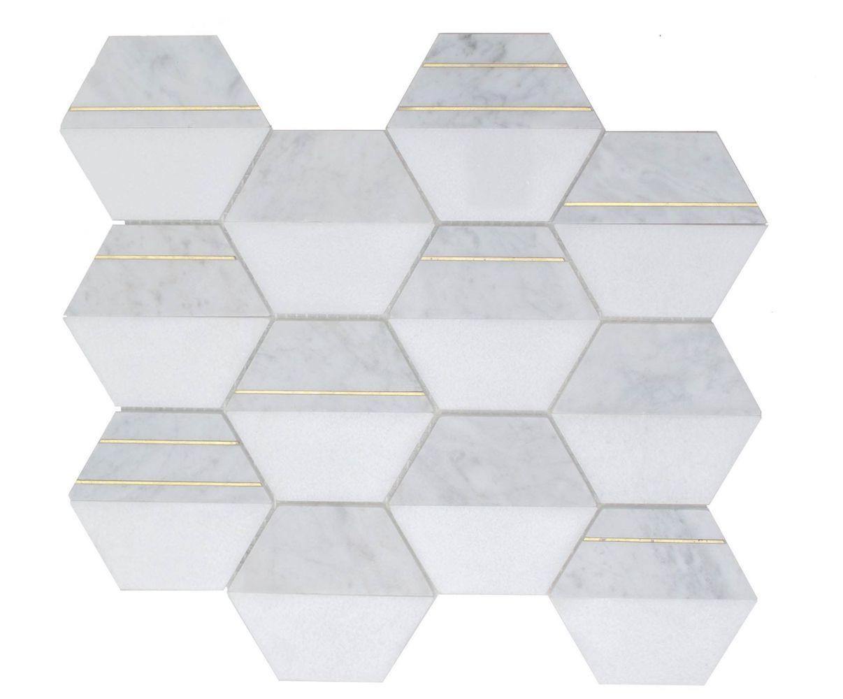Premium Inlay Brass Gold Hexagon Carrara Tile - Elegant Mosaic Flooring for Bathroom, Kitchen & Backsplash | Waterproof & Durable Home Decor