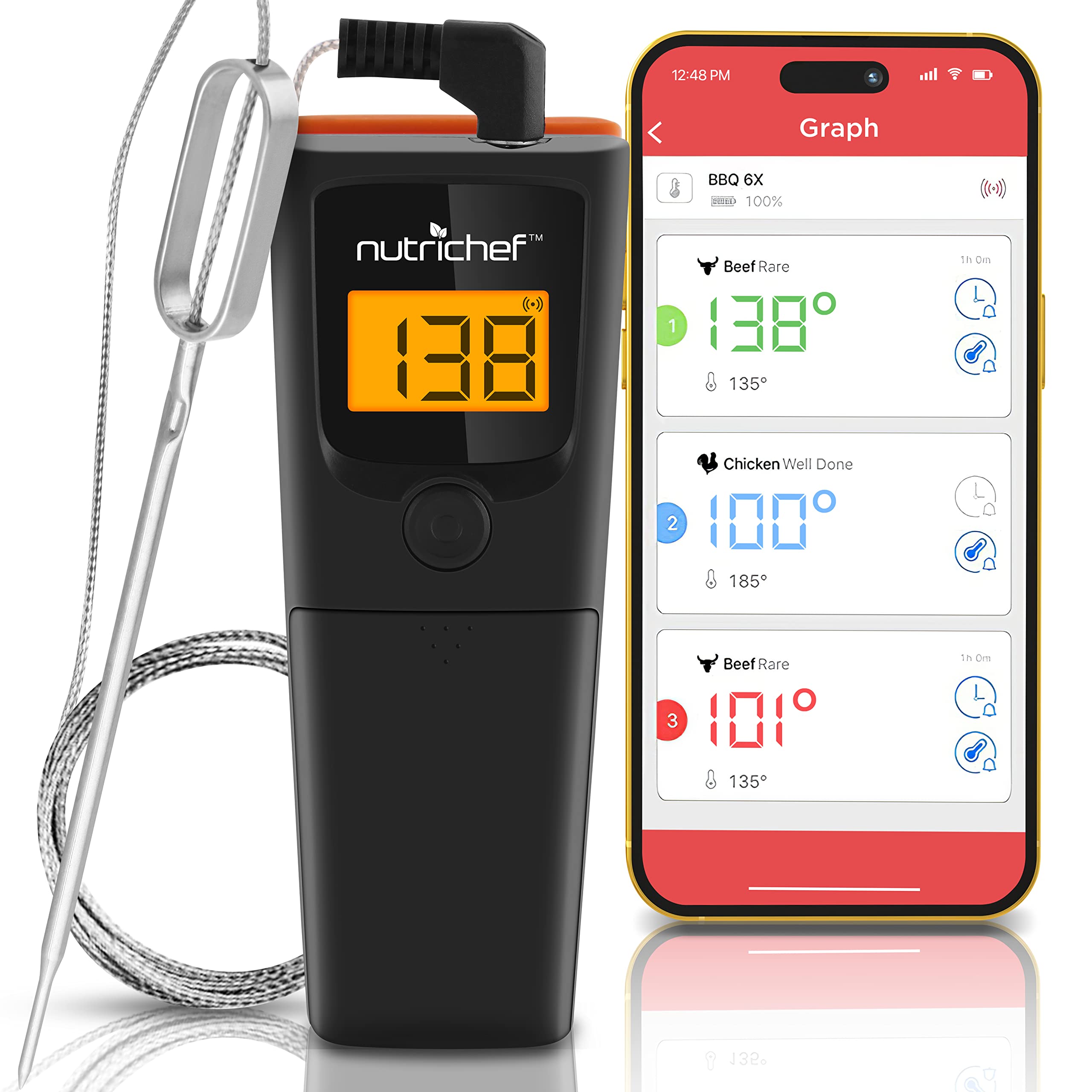 NutriChef Bluetooth Grill BBQ Meat Thermometer - Wireless Digital Cooking Thermometer with 150 ft Range, Timer & Alarm for Smoker, Oven, Kitchen - Perfect for Grilling, Smoking, Roasting & Baking