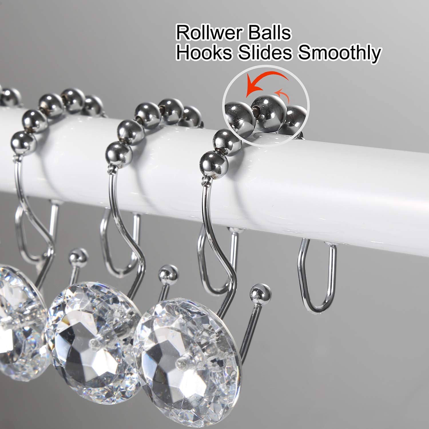 12-Pack Crystal Shower Curtain Hooks - Stainless Steel Rust-Proof Double Rings for Bathroom Decor (White) - Perfect for Showers, Bathtubs & Home Spa Setup