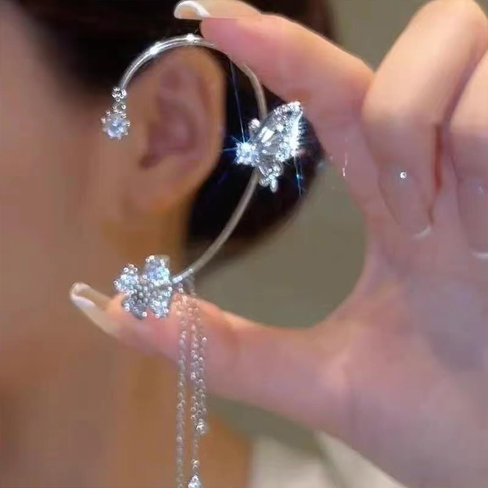 Vintage Butterfly Tassel Zircon Earrings for Women - Non-Piercing Fake Earrings, Flower Climber Wrap Around Ear Cuff - Elegant Fashion Jewelry for Parties, Weddings & Date Nights