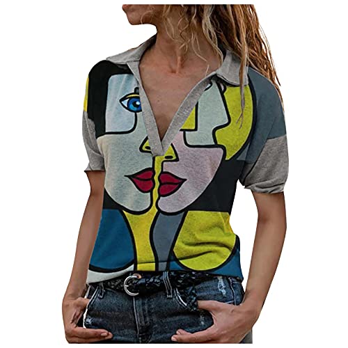 Women's Casual V-Neck Collared Short Sleeve Retro Printed T-Shirt - Summer Loose Fit Tunic Top Plus Size Blouse | Perfect for Beach Outings, Weekend Brunch & Casual Office Wear