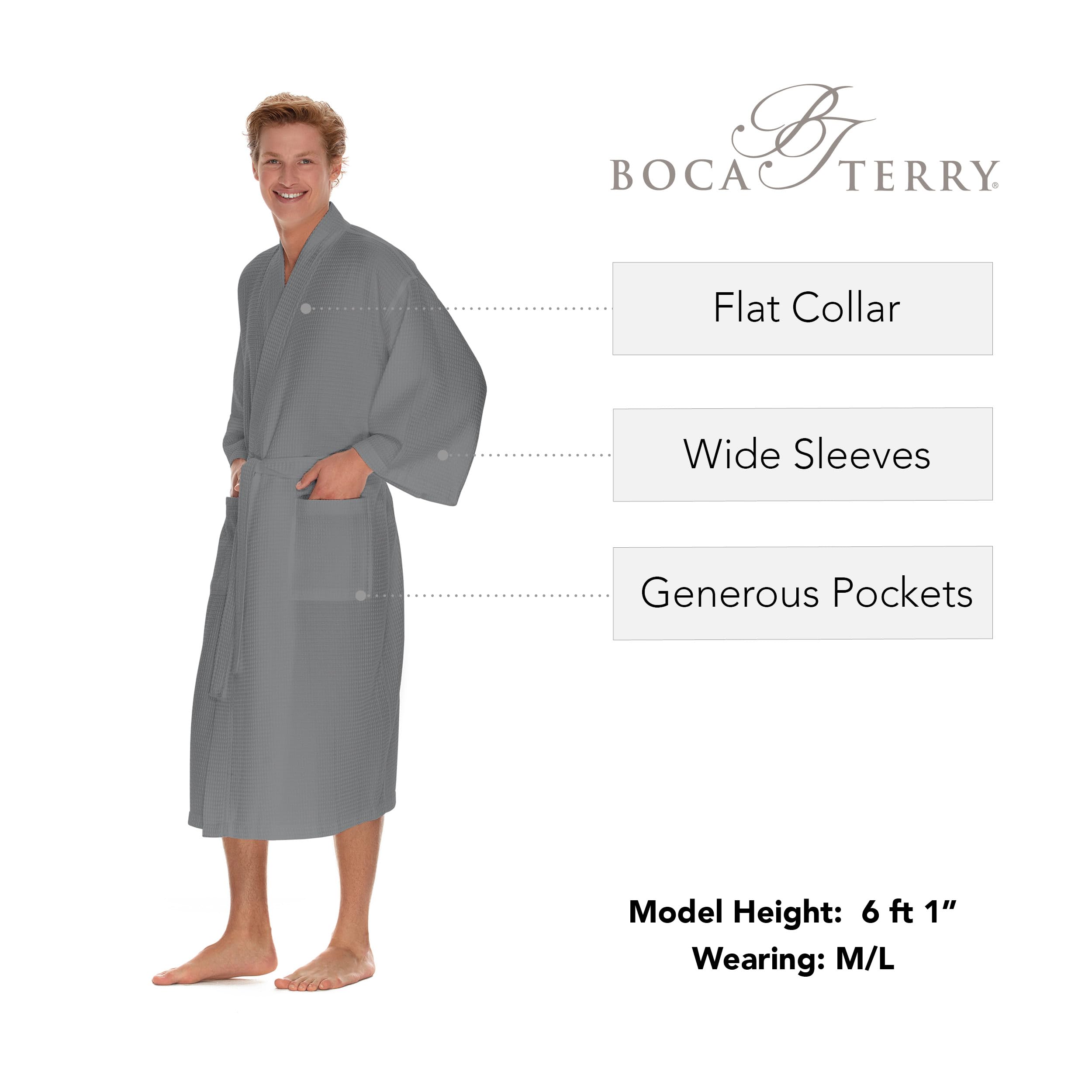 BOCA TERRY Men's Waffle Knit Spa Robe - Lightweight Long Cotton Kimono Bathrobe for Hotel & Home Use - Soft Lounge Robe for Relaxation, Spa Days and Cozy Evenings