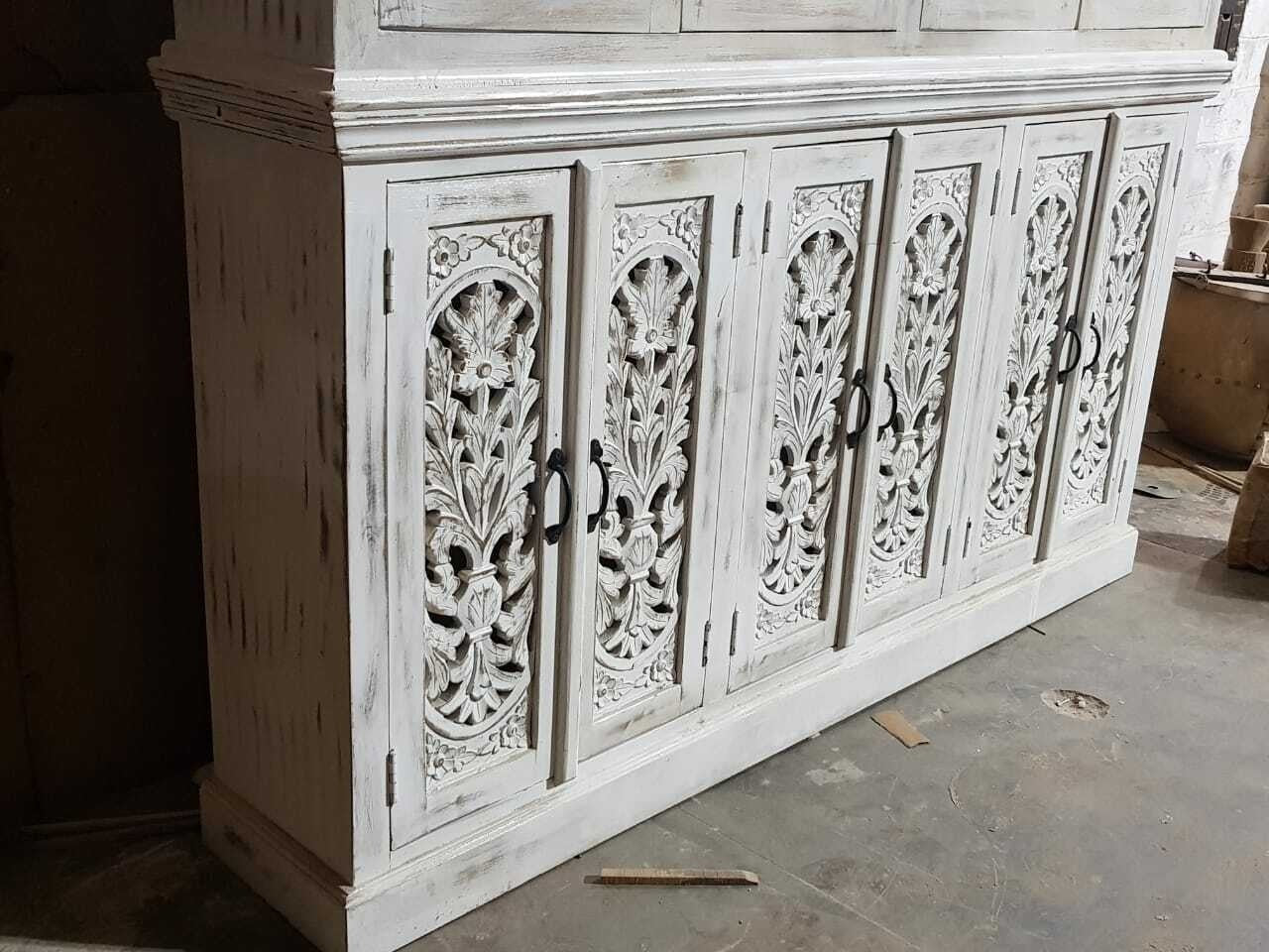 Hand Carved Indian Solid Wood Buffet Cabinet Sideboard Hutch - White | Rustic Dining Room Storage Furniture for Home Decor & Entertaining