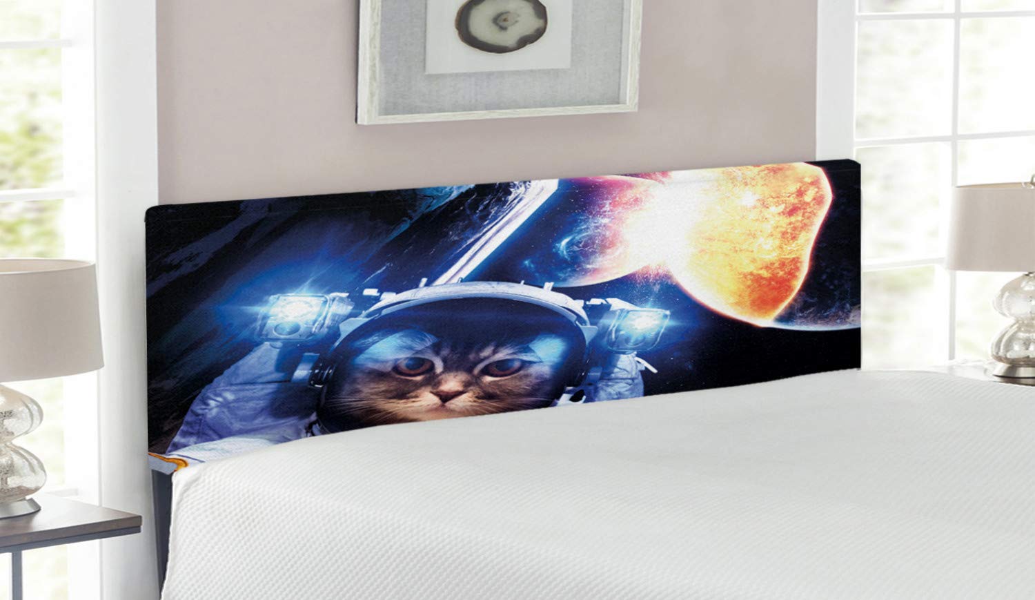 Ambesonne Space Cat Headboard - Kitten in Suit with Planets, Nebula & Supernova Eclipse Artwork - Upholstered Decorative Metal Bed Frame with Memory Foam - Queen Size Dark Blue & Orange - Perfect for Galaxy Themed Bedrooms & Sci-Fi Decor