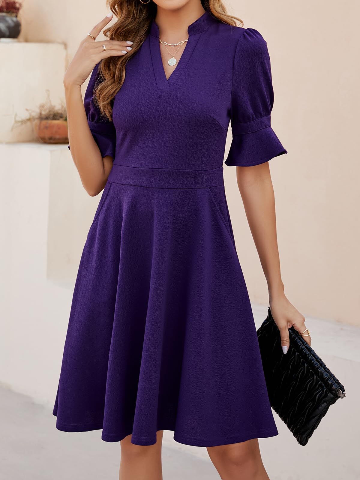 Mokayee Women's Summer V-Neck Ruffle Short Sleeve Fit and Flare Knee-Length Dress with Pockets - Perfect for Church, Wedding Guest, Party & Casual Wear