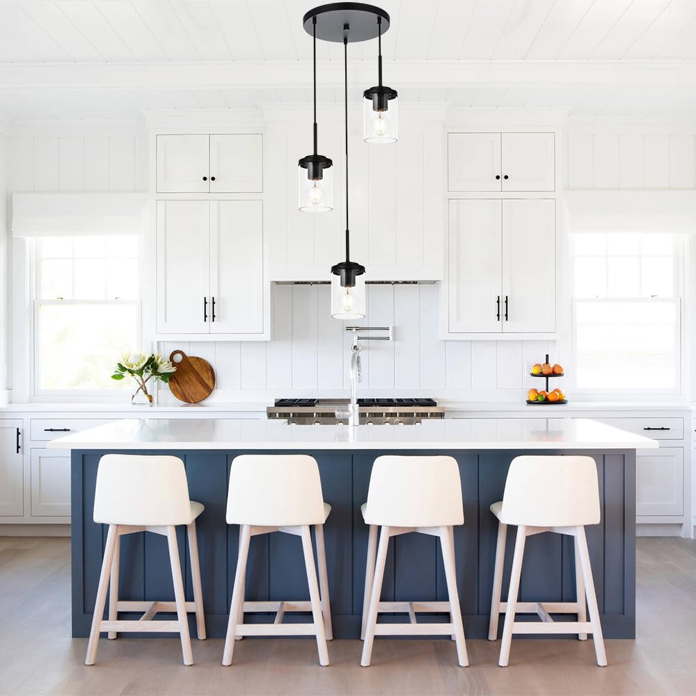BONLICHT 3-Light Matte Black Industrial Glass Chandelier - Modern Farmhouse Cluster Pendant Lighting for Kitchen Island, Dining Room, Foyer & Hallway | Durable Hanging Ceiling Fixture for Home & Restaurant Decor