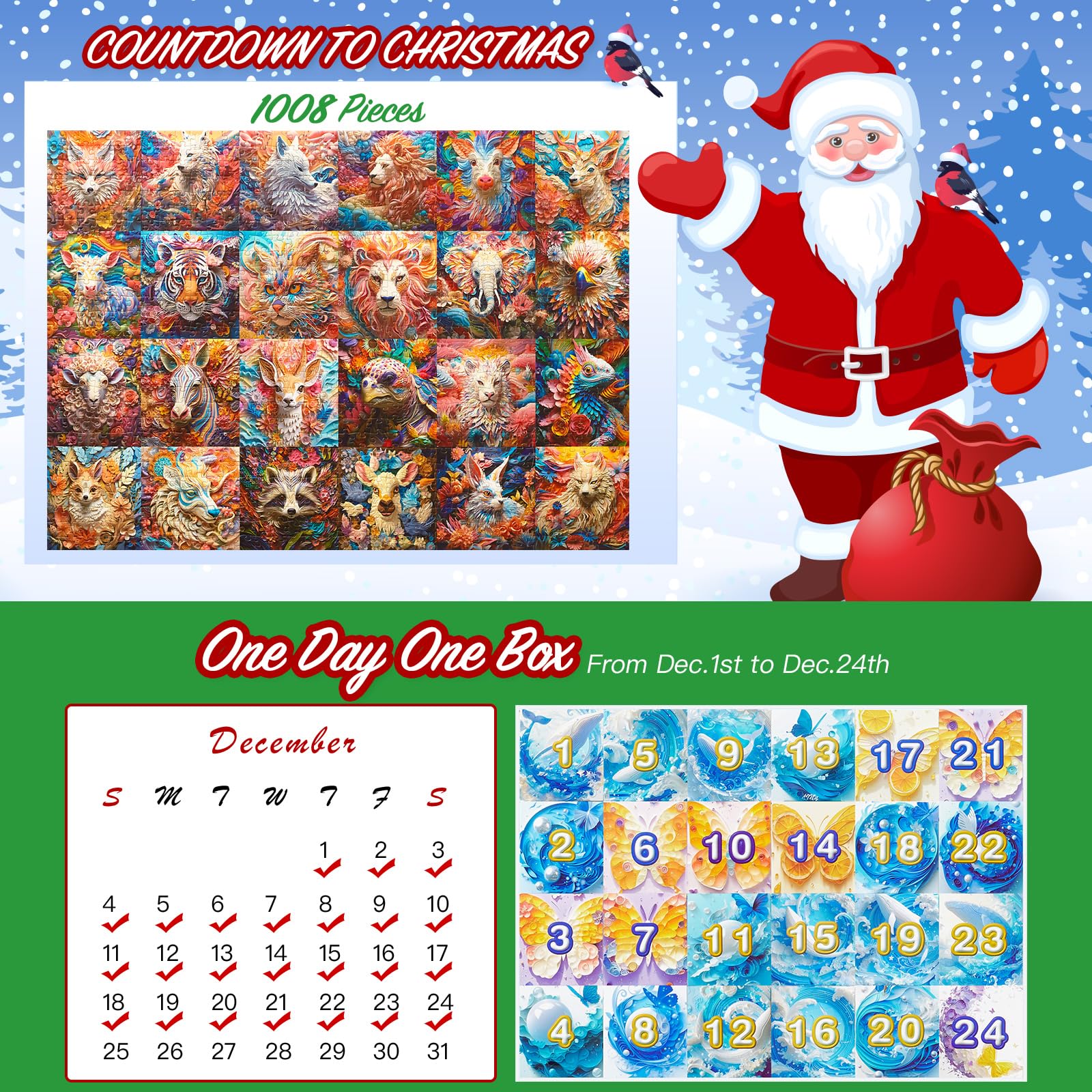 2024 Advent Calendar Puzzle - 3D Visual Puzzle for Adults & Kids, 24-Day Christmas Countdown with Animal Shaped Jigsaw (1008 Pieces) - Perfect Holiday Gift & Family Activity for Christmas Decorations & Countdown Fun