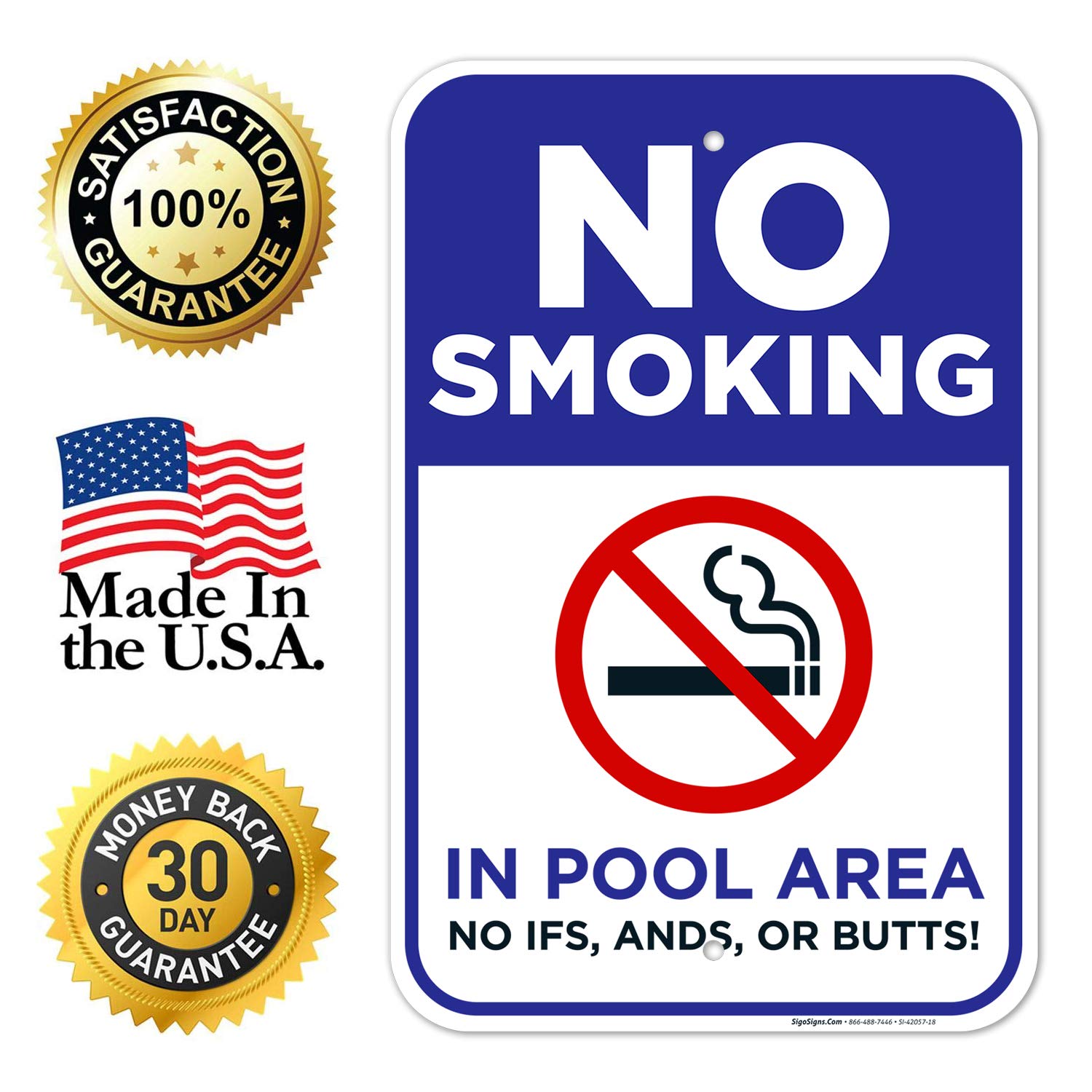 Pool No Smoking Sign - 12x18 Inch Rust-Free Aluminum 'No IFS, Ands, Or Butts!' Sign for Swimming Pools, Resorts & Community Areas - Fade Resistant, Made in USA