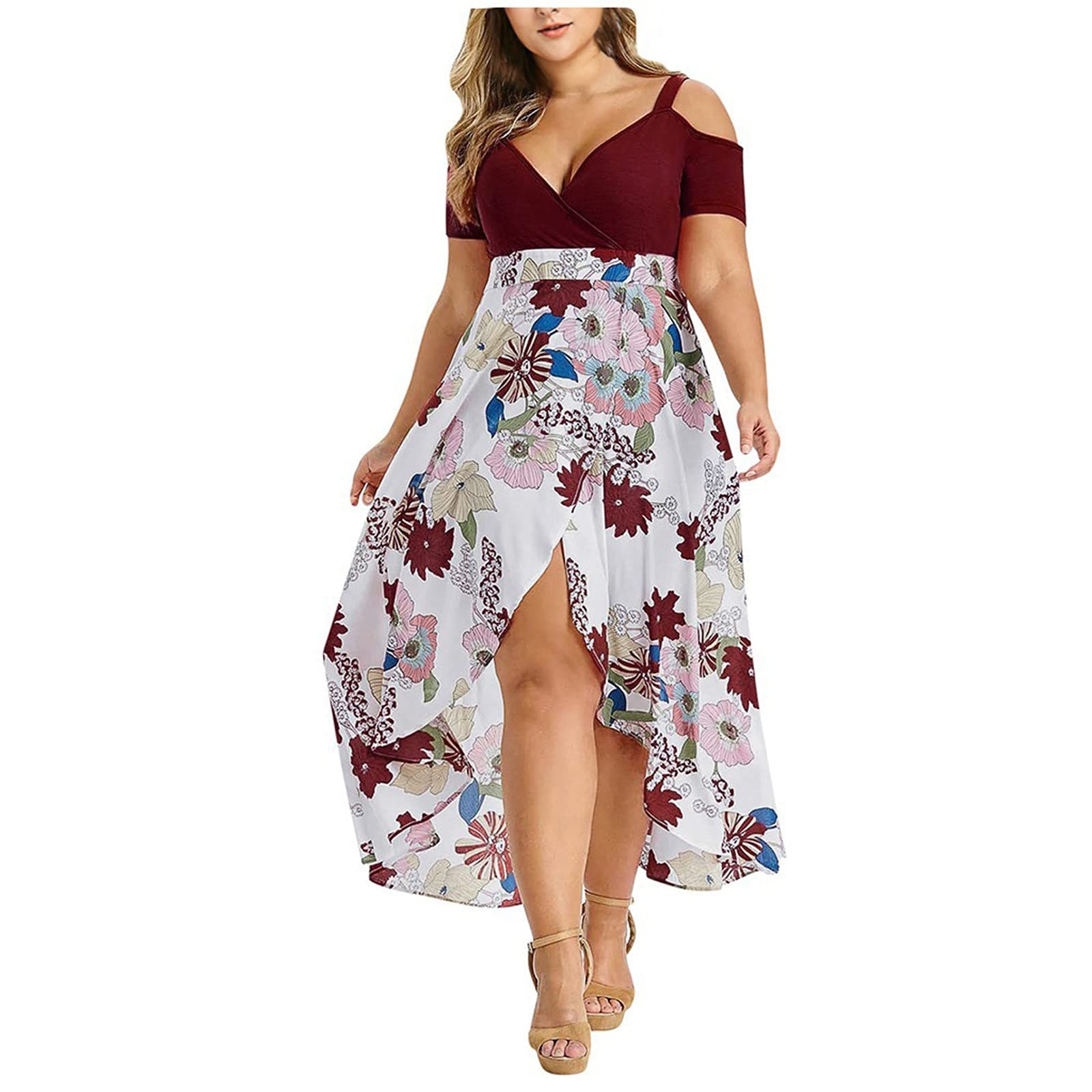 Plus Size Women's Bohemian Print Off-The-Shoulder High-Waist Casual Dress - Flowy Summer Beach Dress for Vacation & Date Night